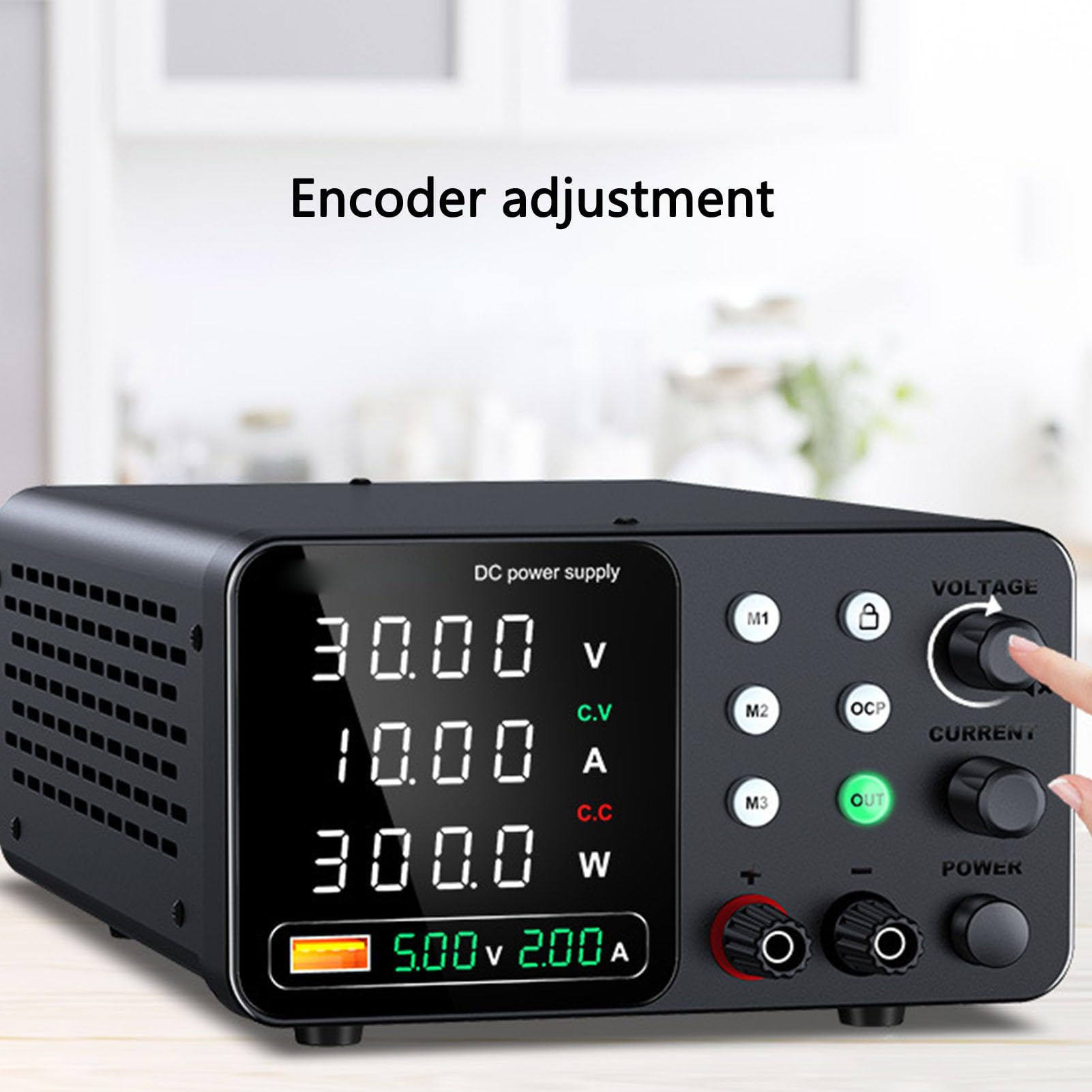 FTVOGUE Ajustable DC Fuente de Alimentación 0-30V 0-5A Banco Variable Fuentes de Alimentación con Encoder Sin Escalonamientos 18W USB Un Puerto de Carga (Enchufe UE 230V)