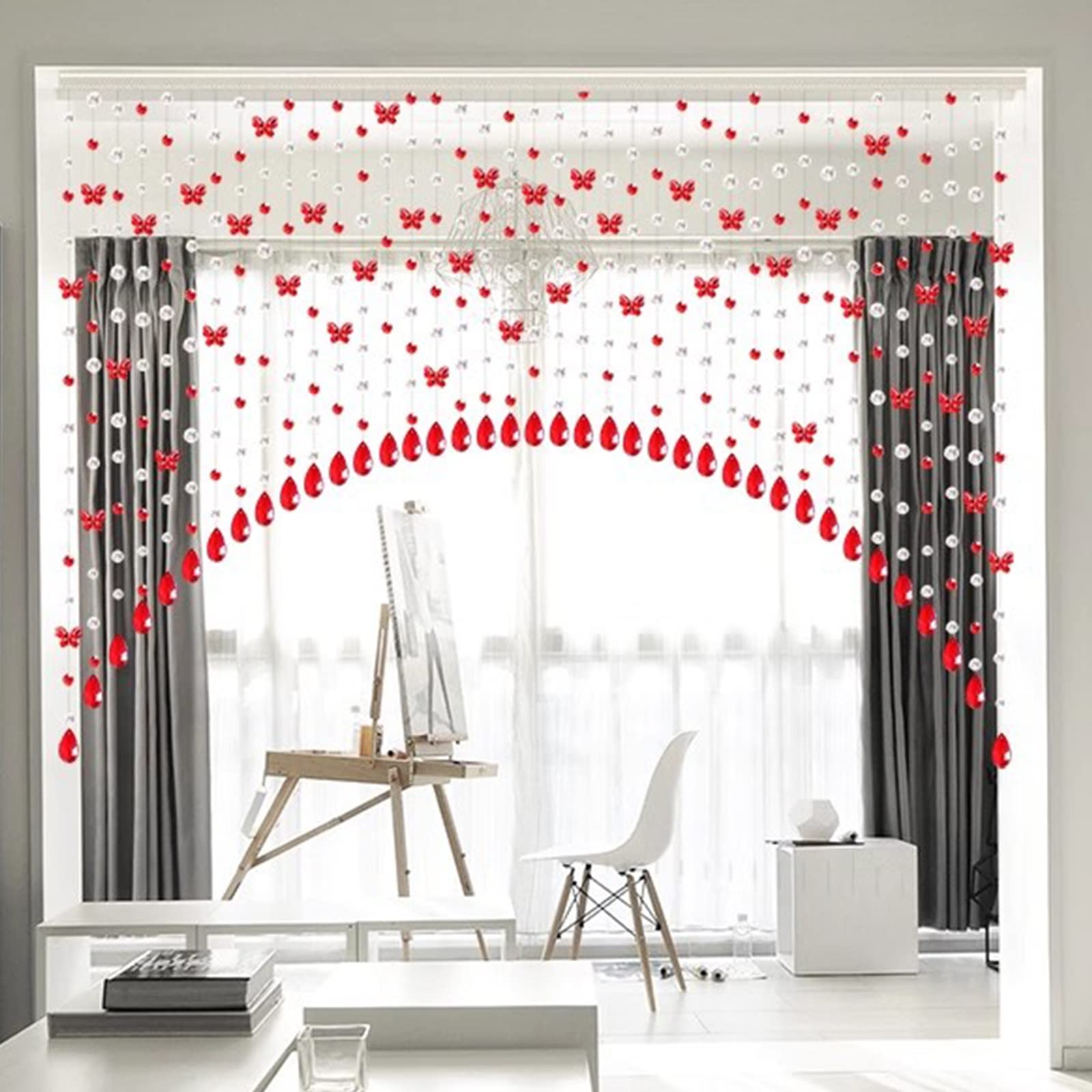 Rideau de porte à fils de verre rouge pour salon bohème chic unique