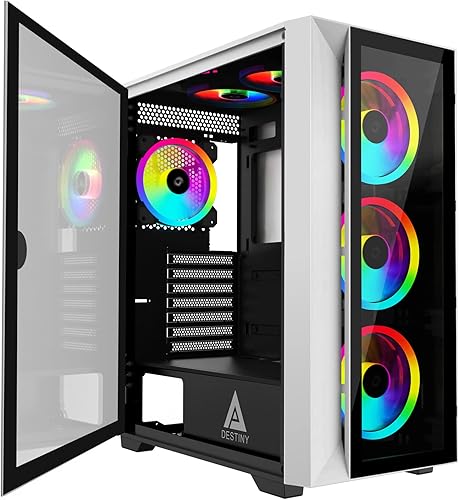 Apevia Destiny-PRO-WH Destiny Pro Mid Tower - Funda para PC para juegos con 6 ventiladores ARGB de 4.724 in, 366 modos de luz RGB, 1 panel frontal
