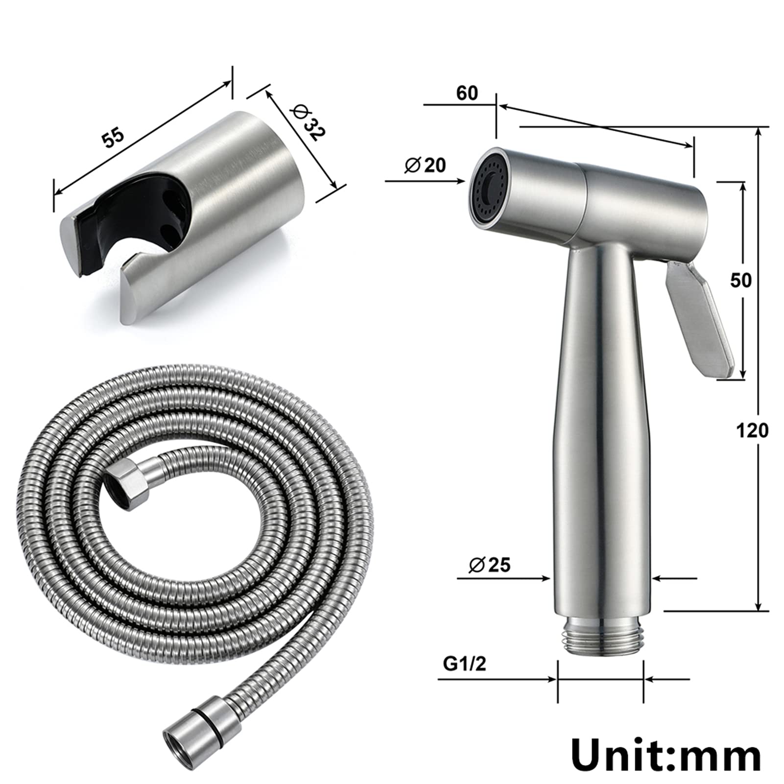Pulverizador de inodoro de mano de acero inoxidable con soporte de montaje en pared, autolimpiante e higiénico, grifo de bidé de baño para higiene personal, acabado cepillado