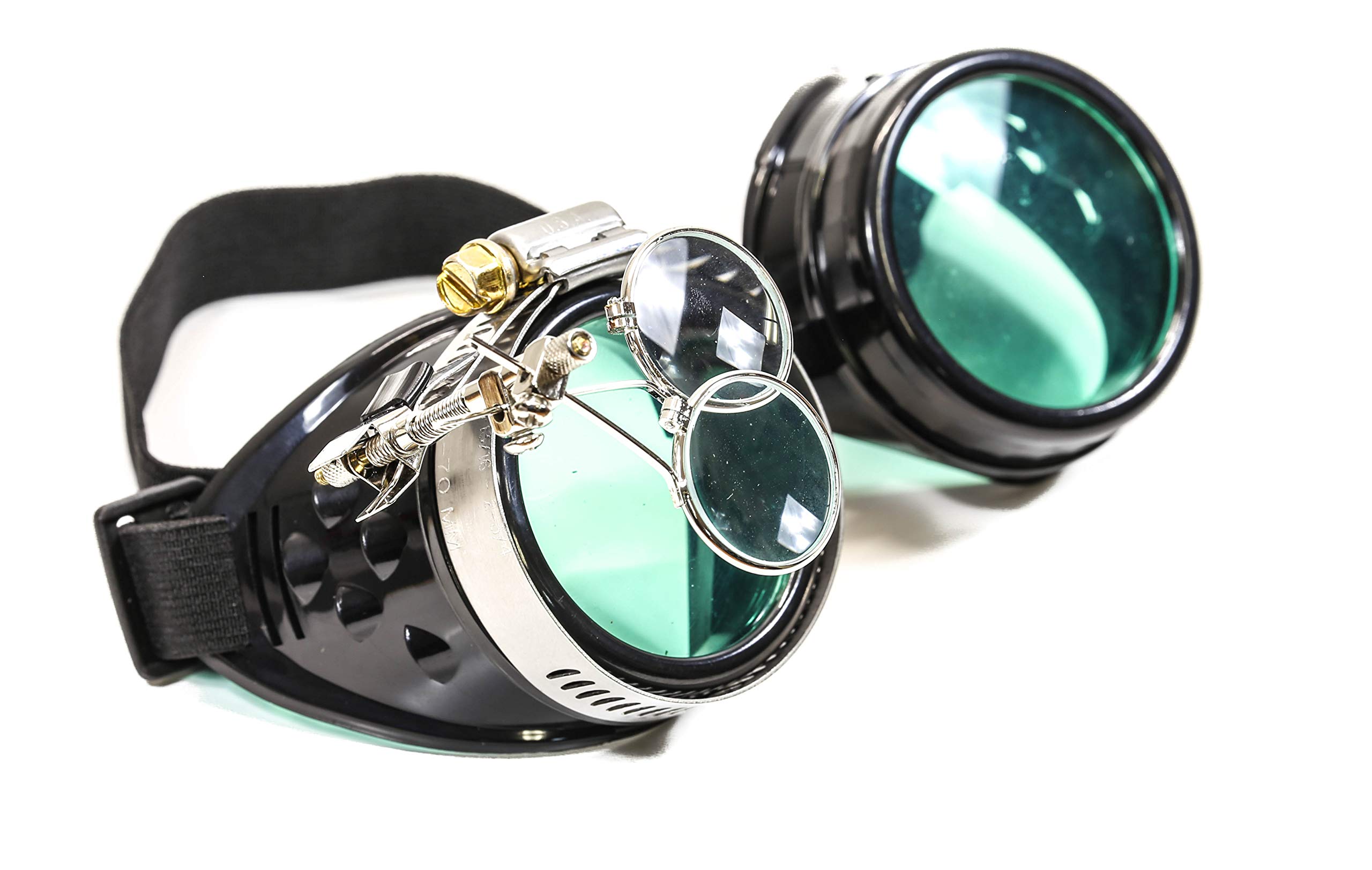 Valvetcrow Steampunk Victorian Style Goggles Colored Lenses & Ocular Loupe Mad Scientist (Green)