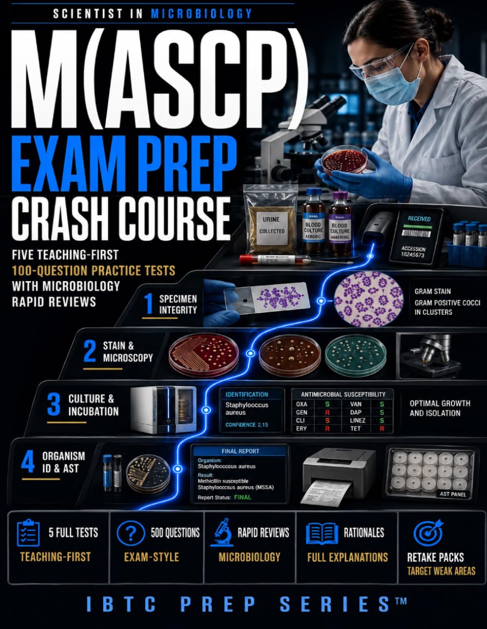 Scientist in Microbiology M(ASCP) Exam Prep Crash Course: Five Teaching-First Practice Tests with 600 Questions, Microbiology Rapid Reviews, Detailed Rationales, Retake Packs, and Final Review