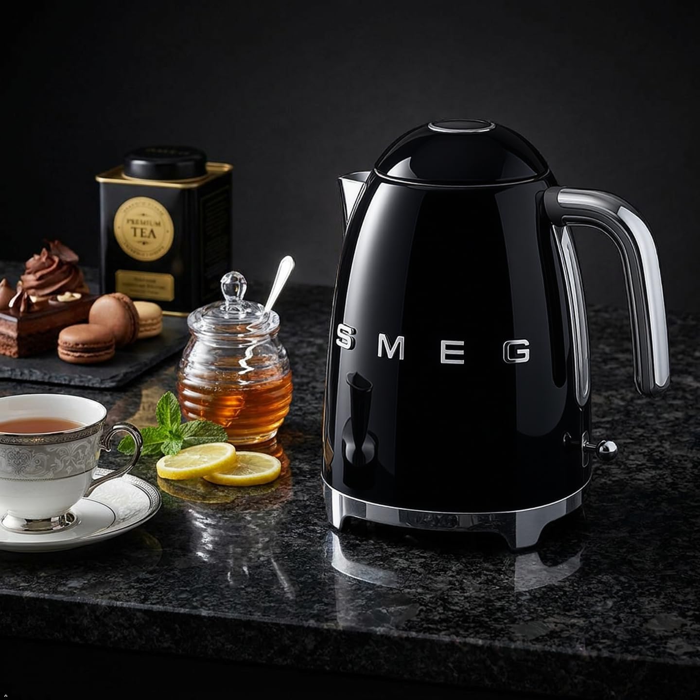 SMEG 50's Retro Style Electric Water Kettle with Automatic Shutoff, Removable Base, and Water Indicator, KLF03BLUS, Black