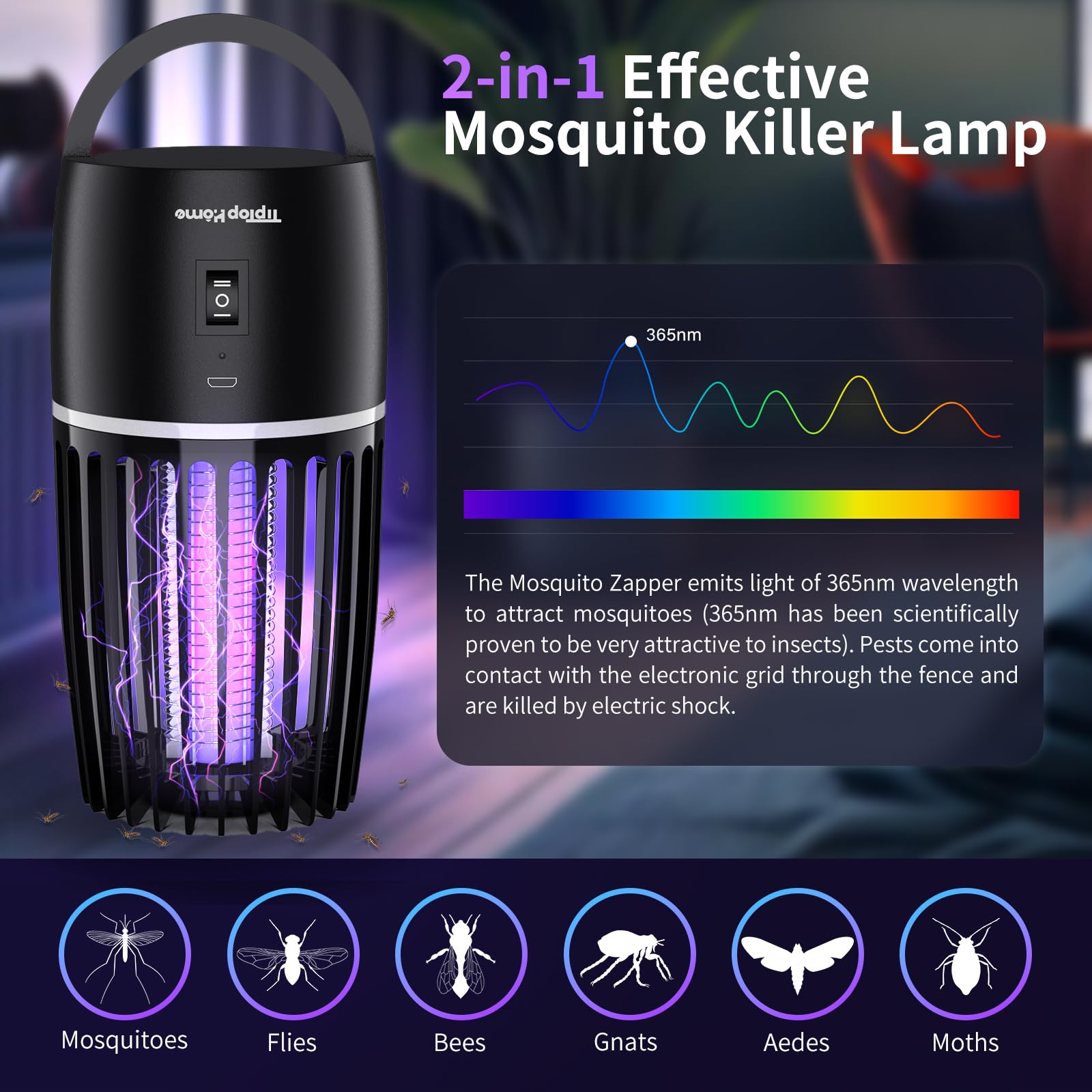 Lampe Anti Moustique, Lampe électrique Anti Insectes 4000mAh Rechargeable USB Piège à Mouche Insectes 360 ° UV Électrique Anti Moustique Veilleuse Intérieur Extérieur Veilleuse Puissant Attrayant