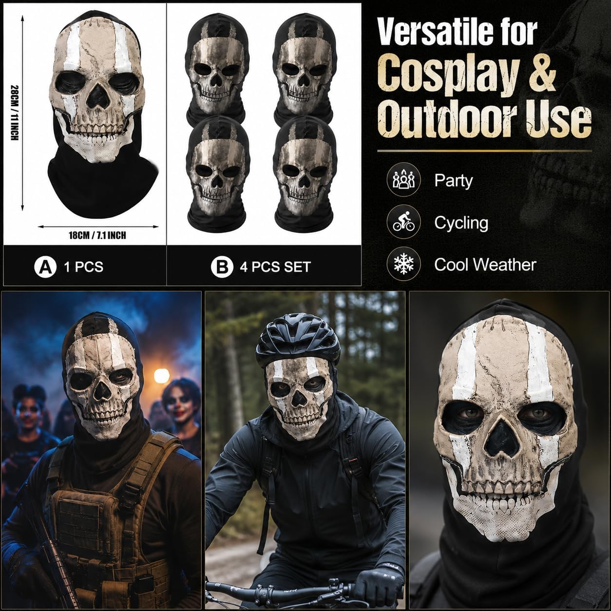4PCS Ghost Mask Scary Skeleton Ski Mask Halloween Scream Skull Balaclava Ghostface Masks Cosplay Costume for Adults (4 Pack-A)