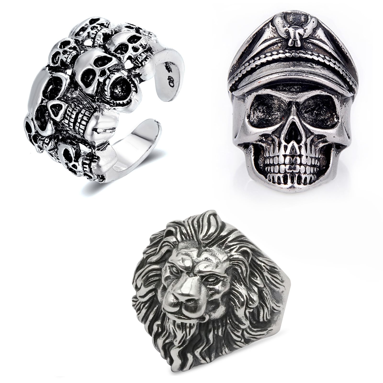 Lithyc Paquete de 3 Anillos de Calavera Para Hombre,Anillos Hombre, Anillo Calavera, Anillo de Hombre Calavera, Anillos Ajustables, Anillos de Motociclista de Hip Hop Para Halloween