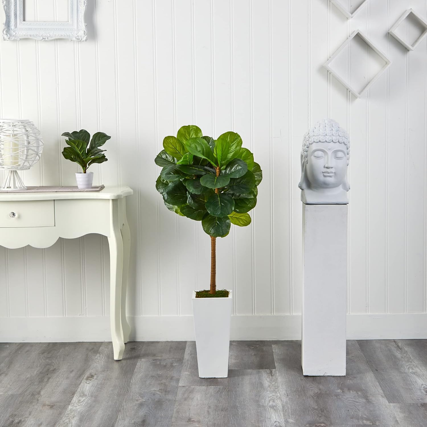 Nearly Natural 4ft. Fiddle Leaf Artificial Tree in White Tower Planter
