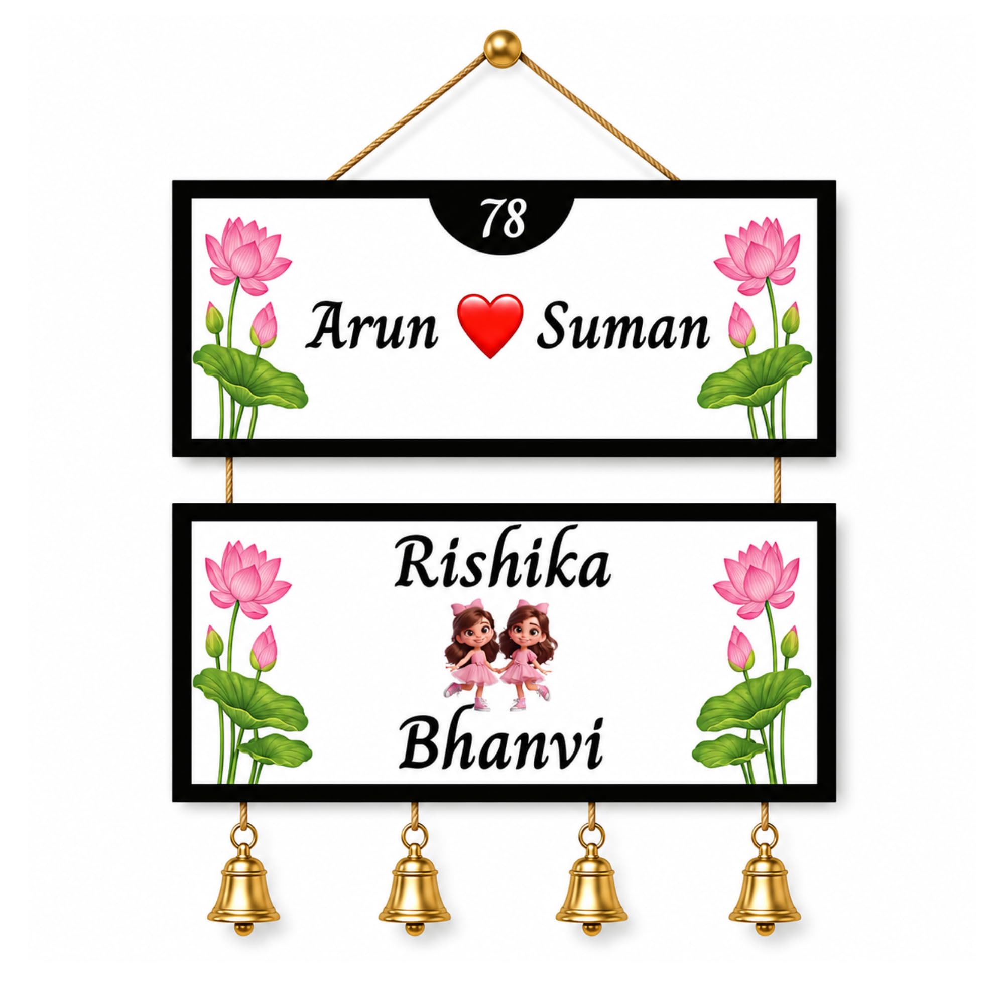Webelkart Customized Wooden Couple Name Plate For Home Entrance outdoor With Bells | Handcrafted Floral Wooden Name Board for Home Decor | Perfect Wedding, Anniversary & Housewarming Gift - 17 Inches (Lotus Flower) — Amazon image 7
