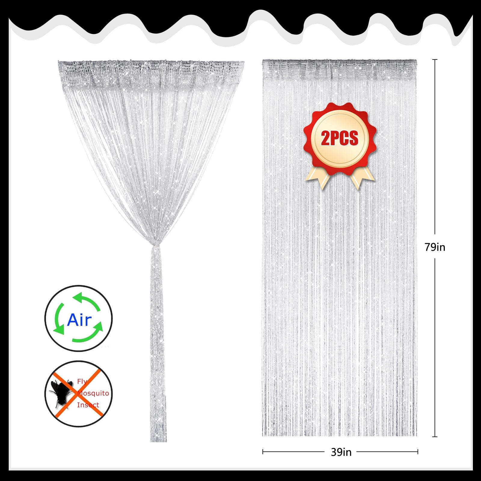 Lot de 2 rideaux à ficelles blanches de 99 x 200 cm à paillettes pour porte, chambre, placard, fenêtre, fête de mariage, décoration d'intérieur