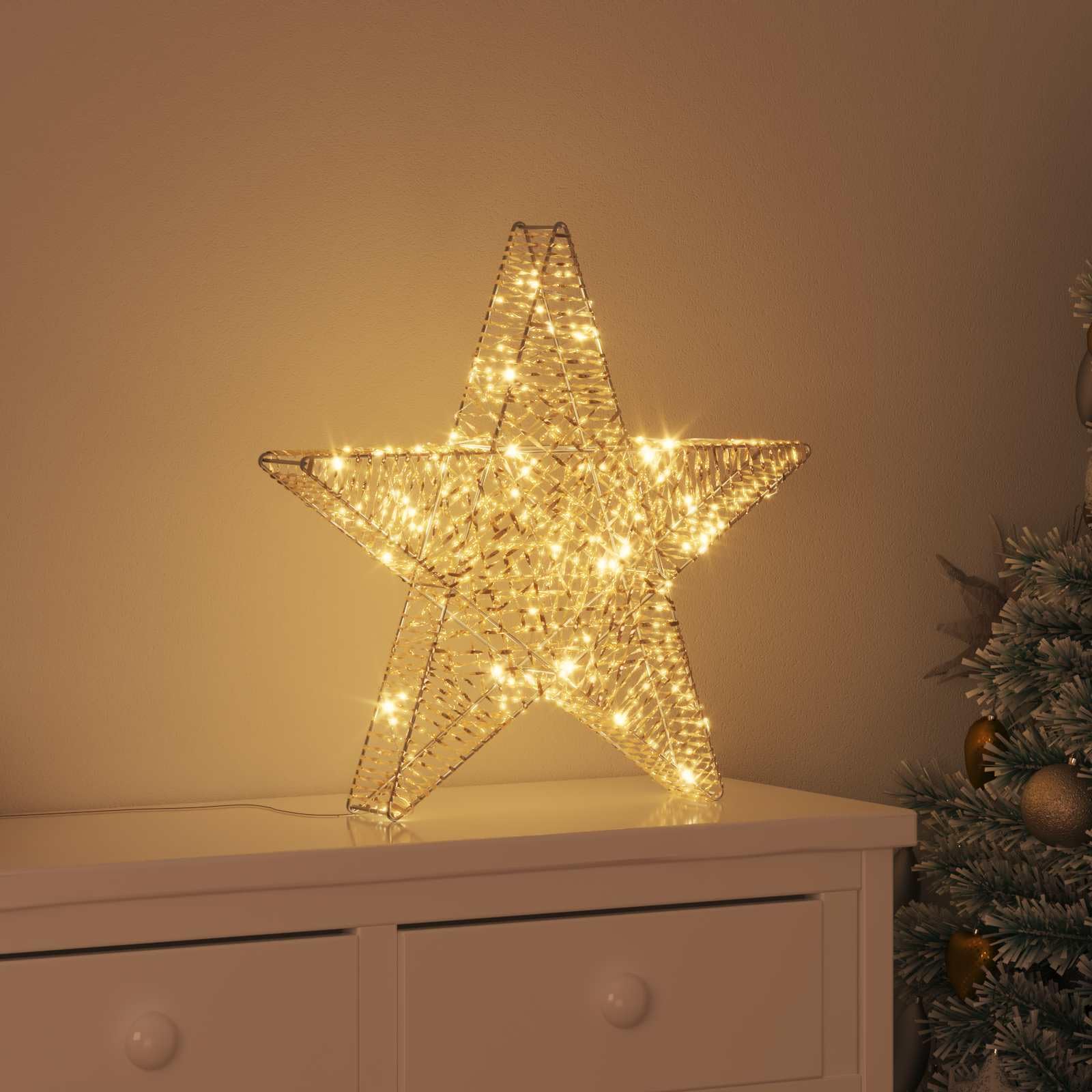 Stella decorativa natalizia 3D con 50 strisce LED a luce bianca calda, PET, 55 x 52,5 x 9 cm, funzionamento USB, per finestre, decorazione dell'Avvento con telecomando