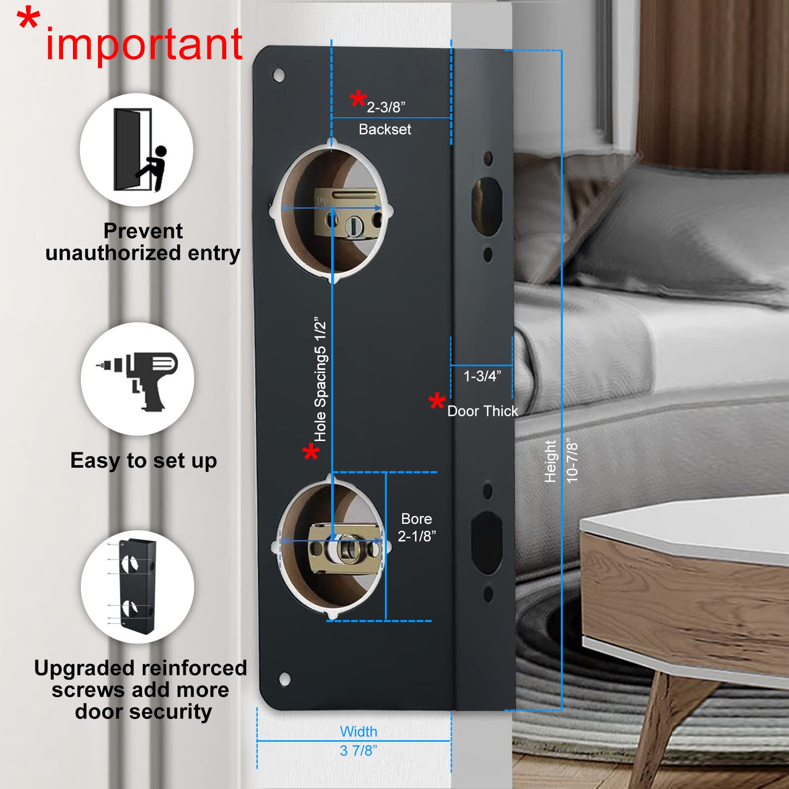 Refuerzo protector de puerta para mayor seguridad a tu hogar y evitar entradas no autorizadas, respaldo de 2-3/8 y agujero de puerta de 5-1/2, reparación de puertas en acabado negro, 2 piezas