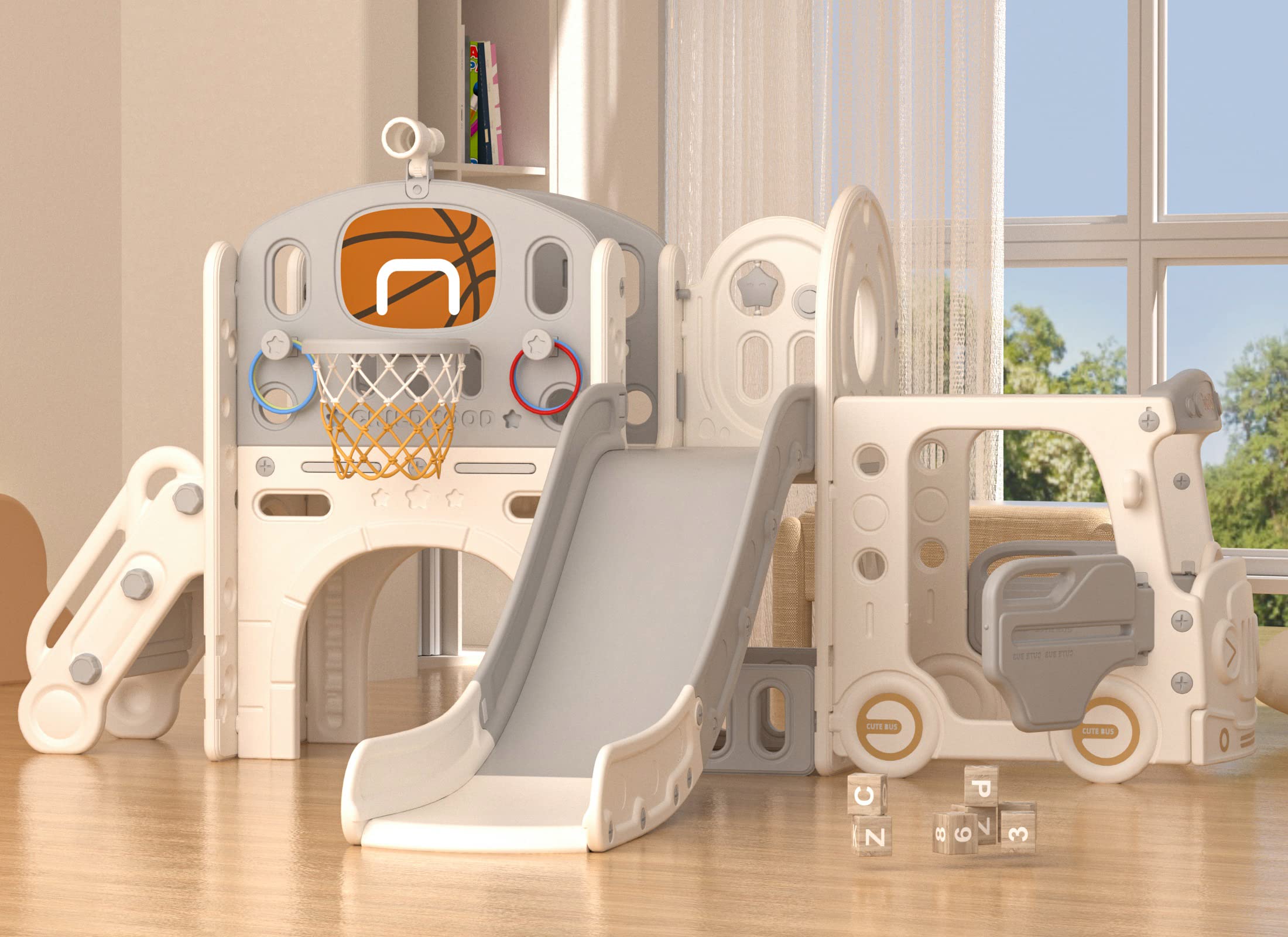 YUFU10 in 1 Toddler Slide, Kids Slide for Toddlers Age 1-3, Toddler Climber Slide with Basketball Hoop and Ball, Toddlers Outdoor Indoor Playset (Beige+Gray)