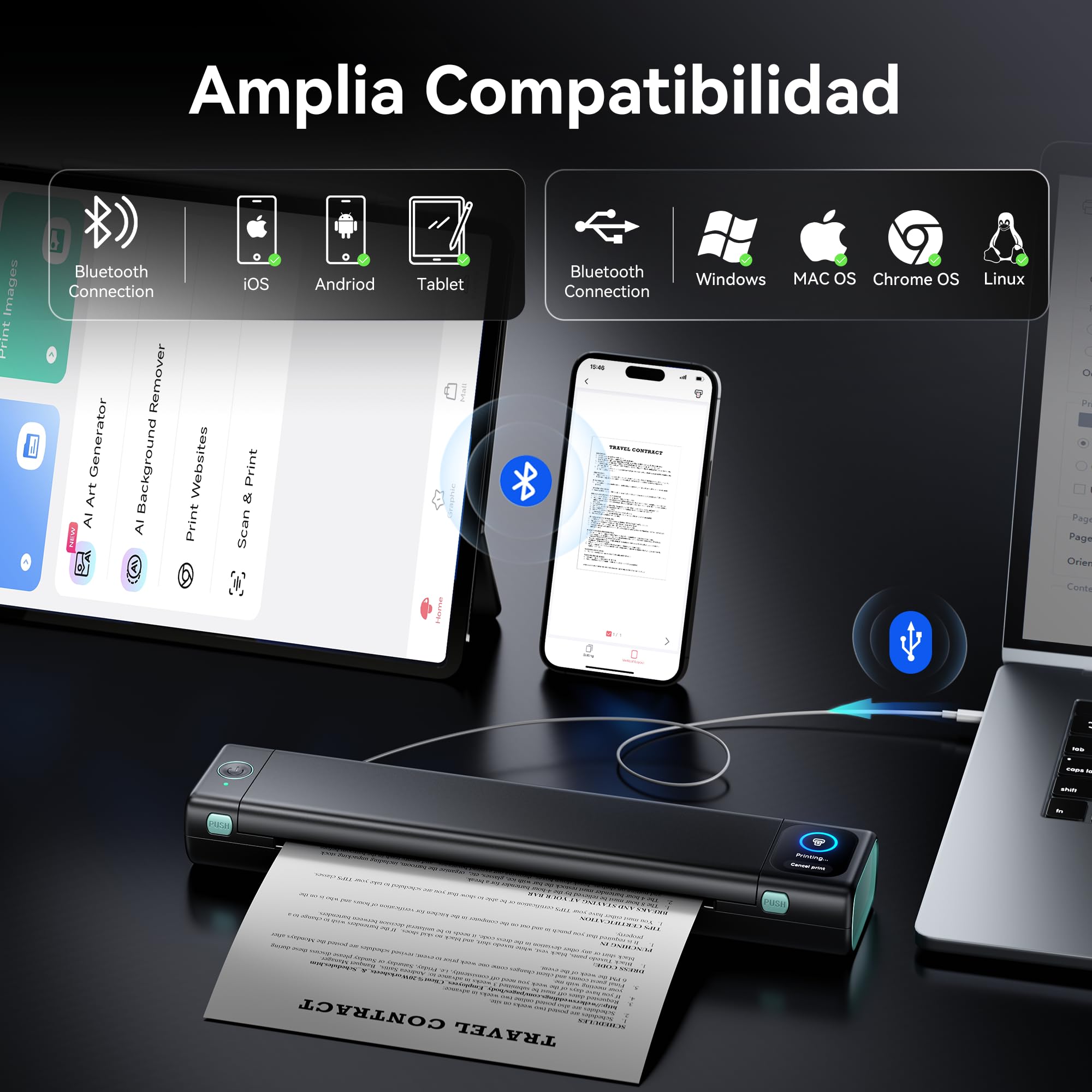 Phomemo M08D Impresora térmica portátil A4 con Pantalla táctil, Compatible con iPhone/PC/USB y Bluetooth inalámbrico, para Imprimir contratos/Documentos en Blanco y Negro sin Tinta