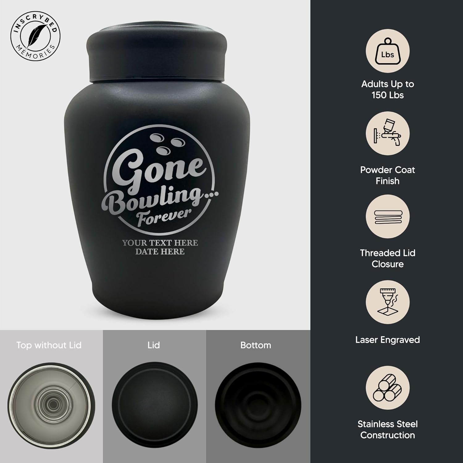 Custom Human Cremation Urn For Adult Ashes - Engraved Black Finish Stainless Steel Vessel with Name & Funny humorous Gone Bowling 2 Design - For Bowling Lovers Remains Up to 150 lbs