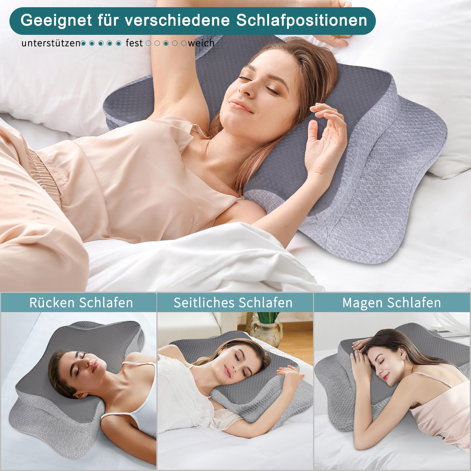 CHxxy Kissen, höhenverstellbar, hochwertiges ergonomisches Memoryschaum-Nackenkissen, Schmetterlingskissen für Rücken-, Seiten- und Bauchschlaf, kühlende maschinenwaschbare Kissenhülle,Vollgrau