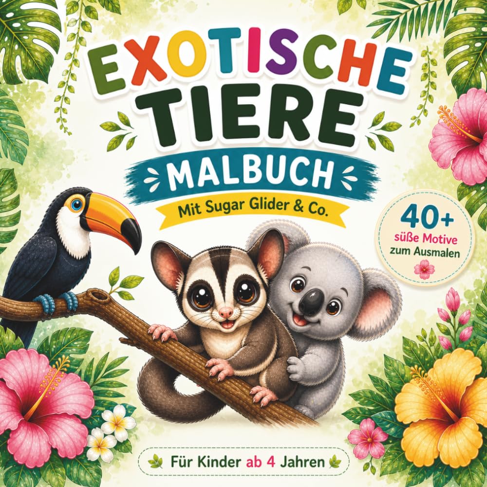 Exotische Tiere Malbuch für Kinder ab 4 Jahren: 40+ süße Tiermotive zum Ausmalen – Dschungel, Ozean & exotische Tiere | Perfekt für Jungen & Mädchen