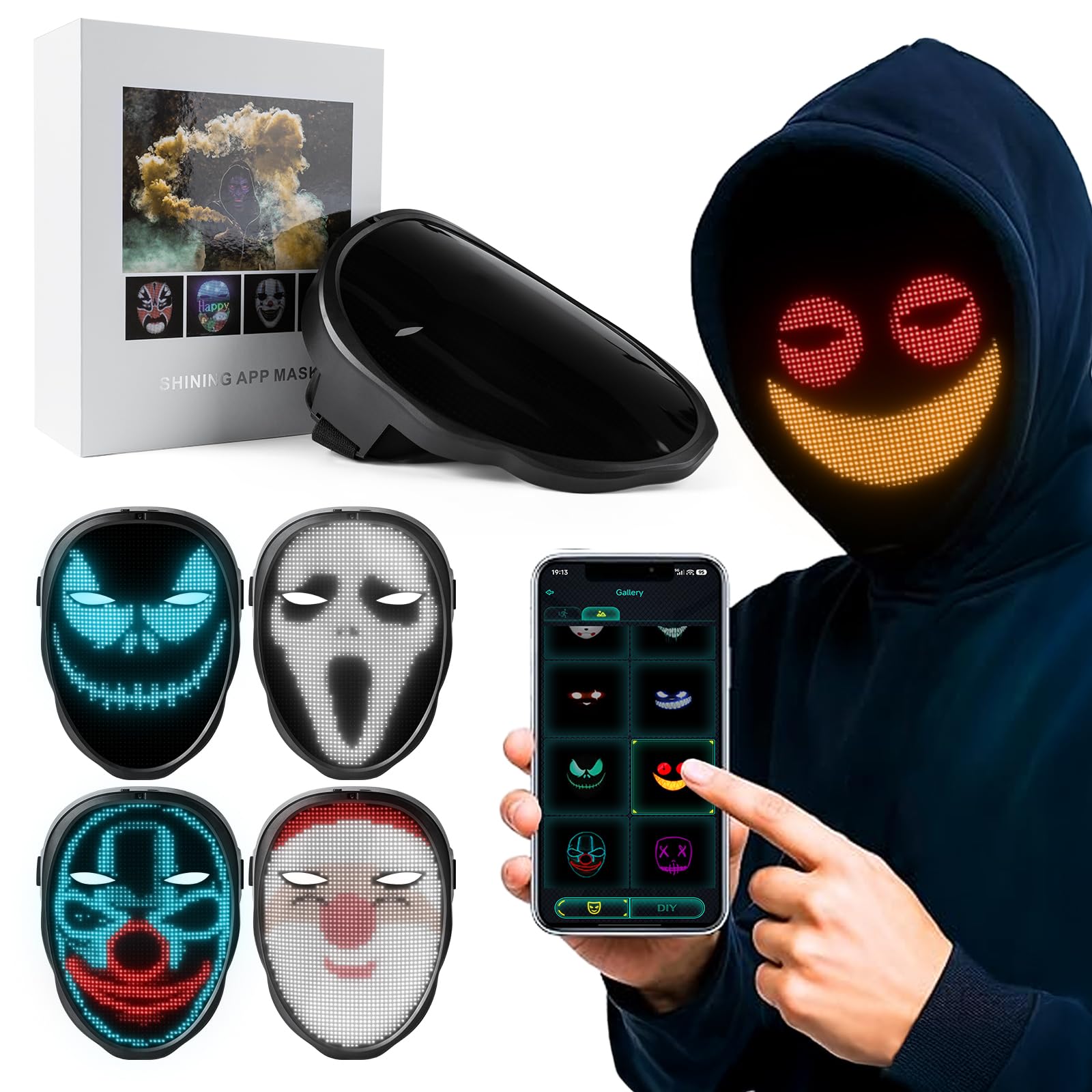 Gelrova Led Mask Light up Mask with Gesture Sensing Cool Glowing Toys Gag Gift for Halloween Christmas Costume