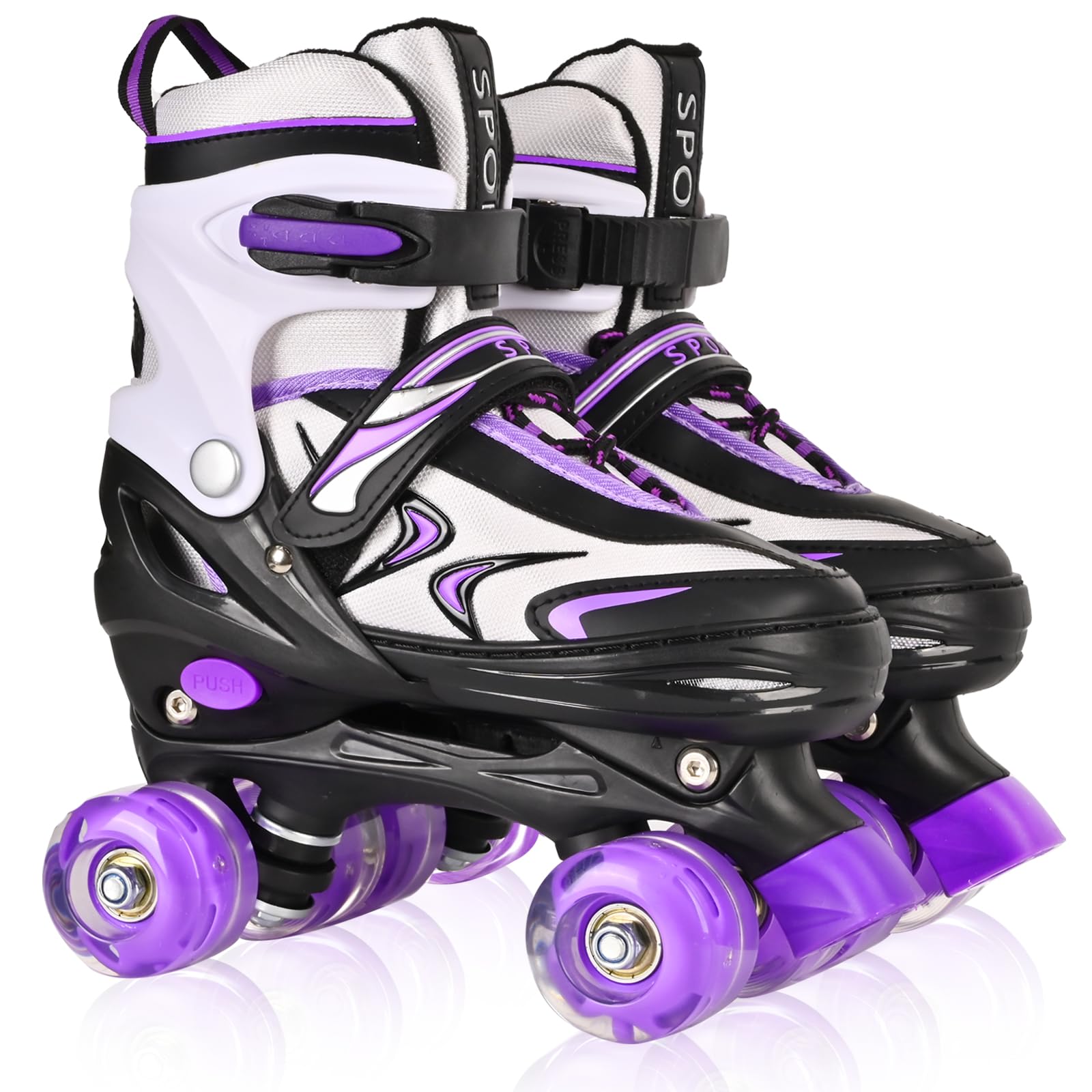 Kids Roller Skates for Boys Girls Children Beginners, 4 Sizes Adjustable Kids Roller Skates for Child Toddler Ages 4-6-12 with 8 Light up Wheels (Black & Purple, L)