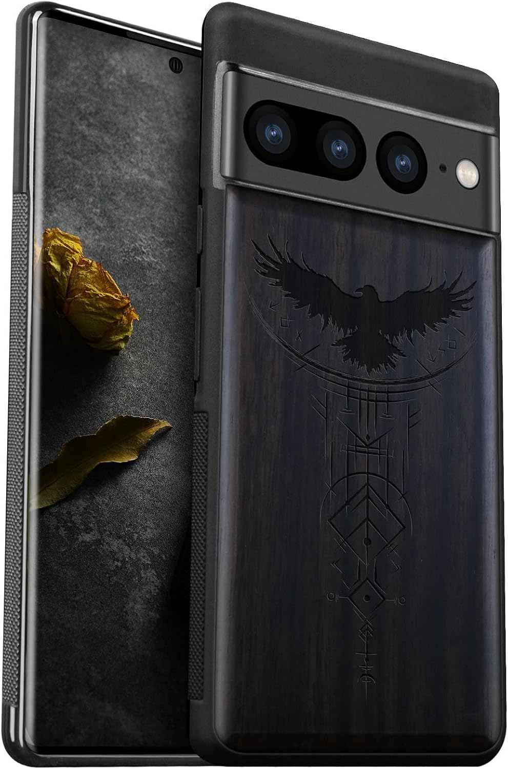 Carveit Wood Case for Pixel 7 Pro Case [Natural Wood & Black Soft TPU] Shockproof Protective Unique Wooden Cover Compatible with Google Pixel 7 Pro (Norse Symbols-Blackwood)