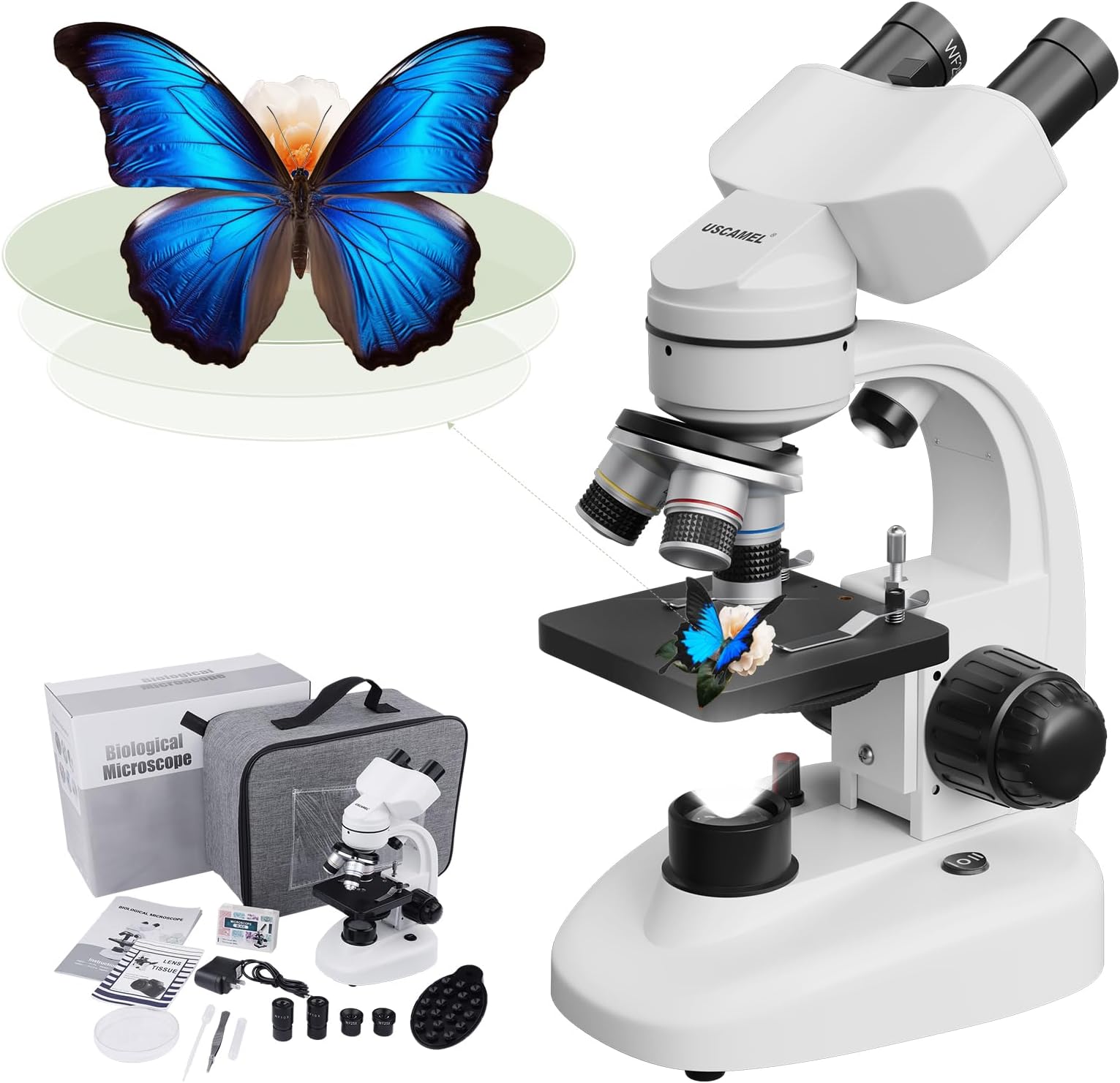 USCAMEL 40X-1000X Magnification LED Binocular Compound Microscope,Professional Compound Microscope with Wide-Field 10X 25X Eyepieces,Phone Adapters,Cleaning Paper