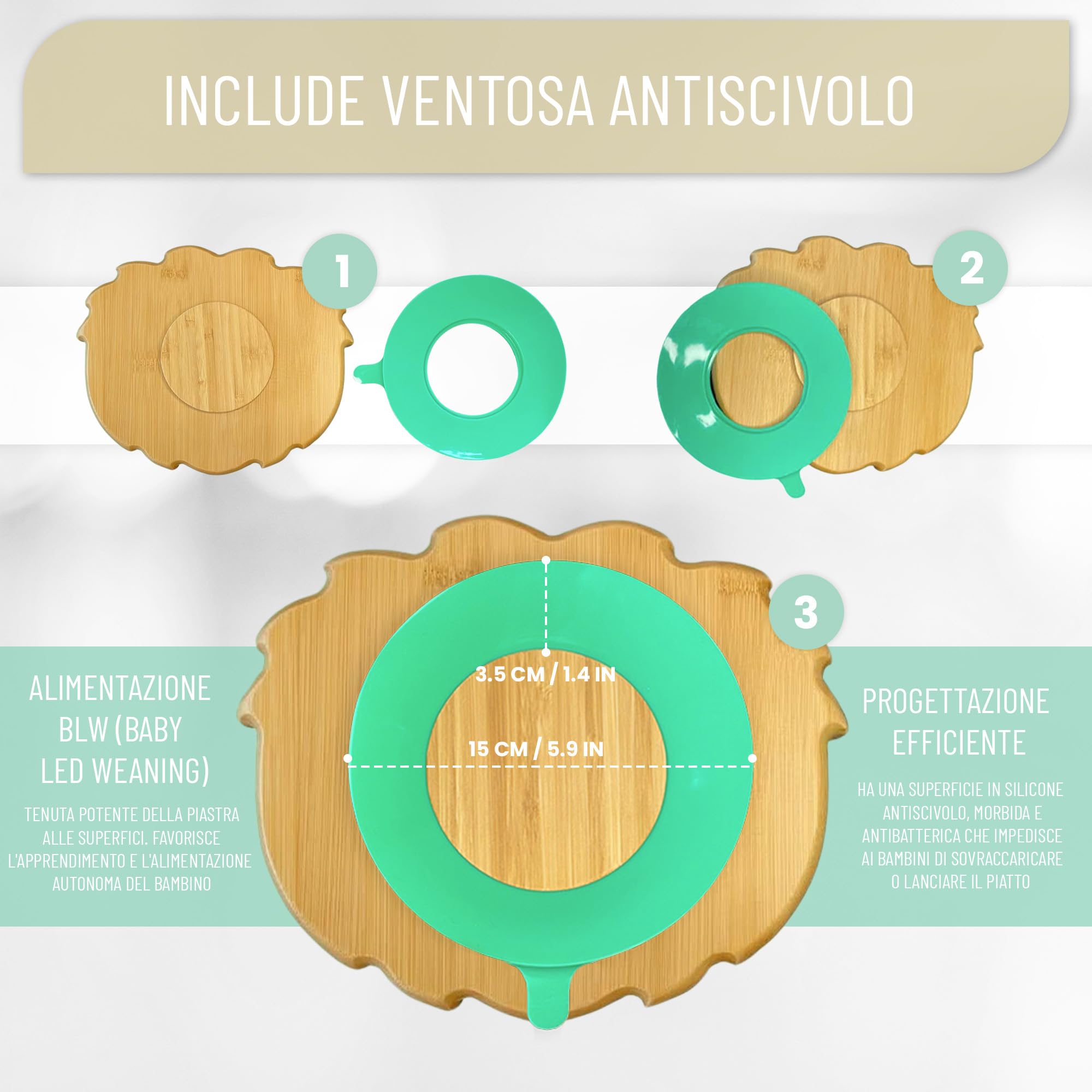 Piatto in Bambù Con Forte Ventosa per Neonati e Bambini Piccoli. Antiscivolo e Antiribaltamento per Imparare a Mangiare BLW. (Lion)
