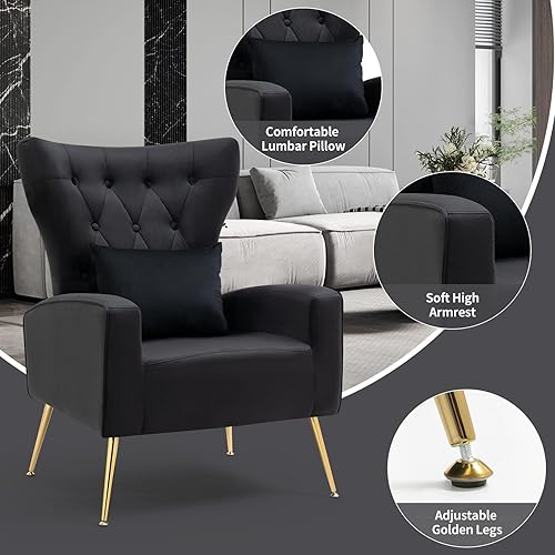 Miniatura 69 de Silla moderna de terciopelo para sala de estar, dormitorio, silla con respaldo alado con brazo y patas doradas, silla auxiliar de recepción de