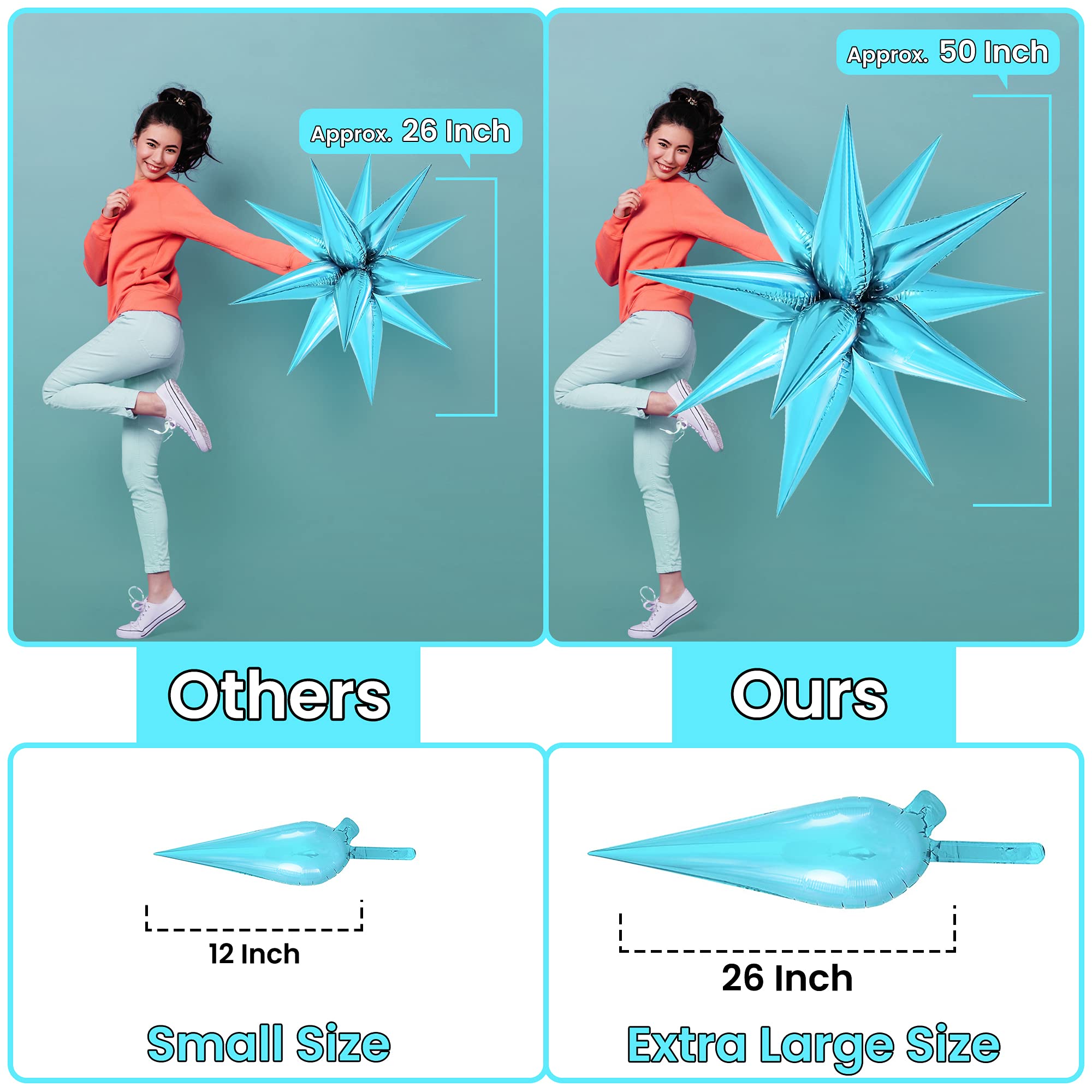 KatchOn, Light Blue Star Cones, 26 Inch - Pack of 50, Turquoise Starburst Balloon for Winter Decorations, Baby Shower, Christmas, Unisex, Number of Pieces 62