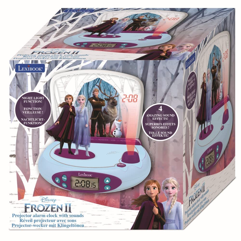 Lexibook, Frozen Elsa Anna, Sveglia con proiettore per bambini, Luce notturna e proiezione dell'ora sul soffitto, Effetti sonori, Alimentazione a batteria, Blu, RP510FZ