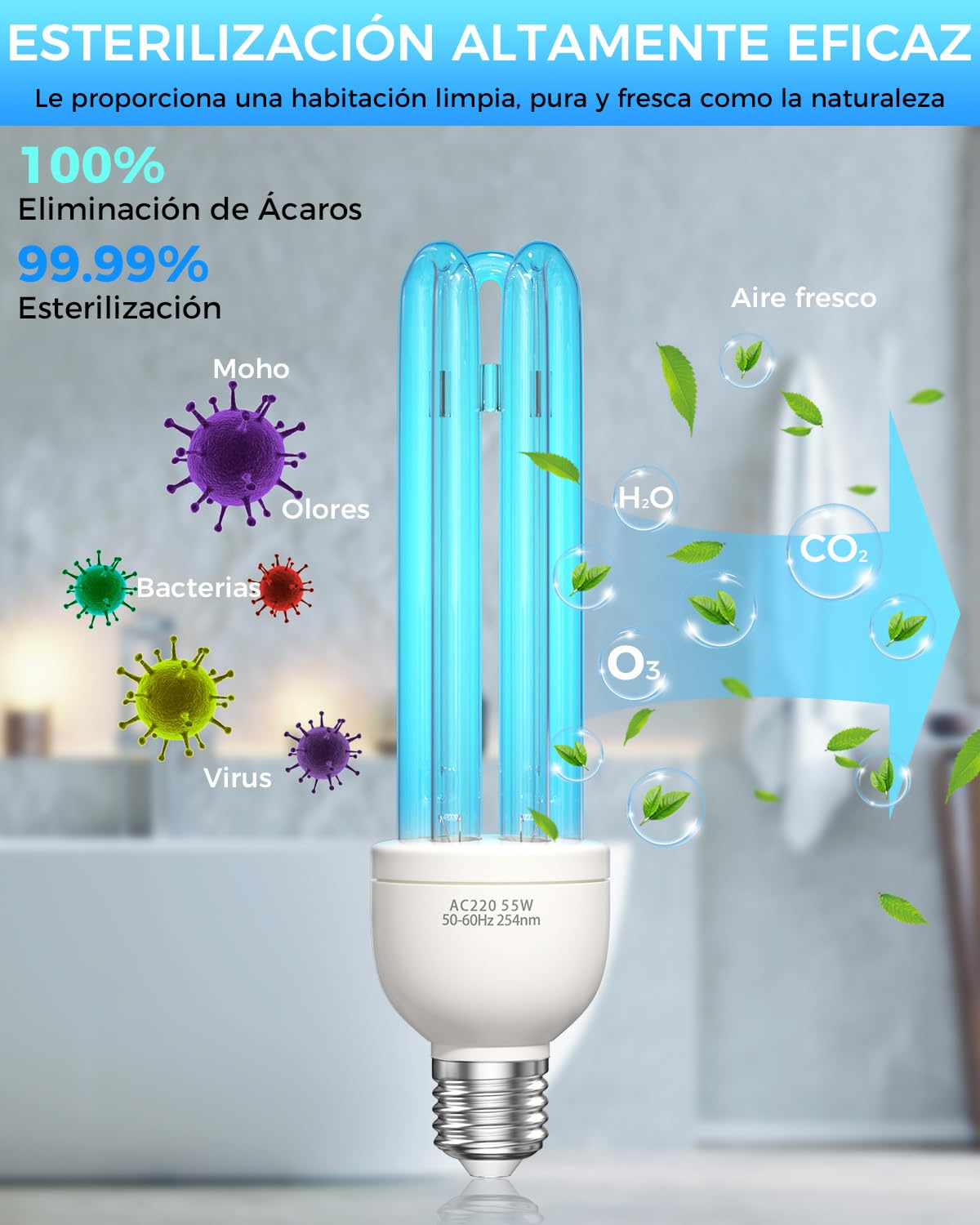 Lampara UV Desinfeccion Lampara UVC Ozono UV Light 55W E27 Blu-Ray con Tubo de Cuarzo UV Germicida Esterilizador AC 220-240V para Hogar, Escuela, Oficina Aire Fresco, UVC 254nm +O₃(1 Unidad)