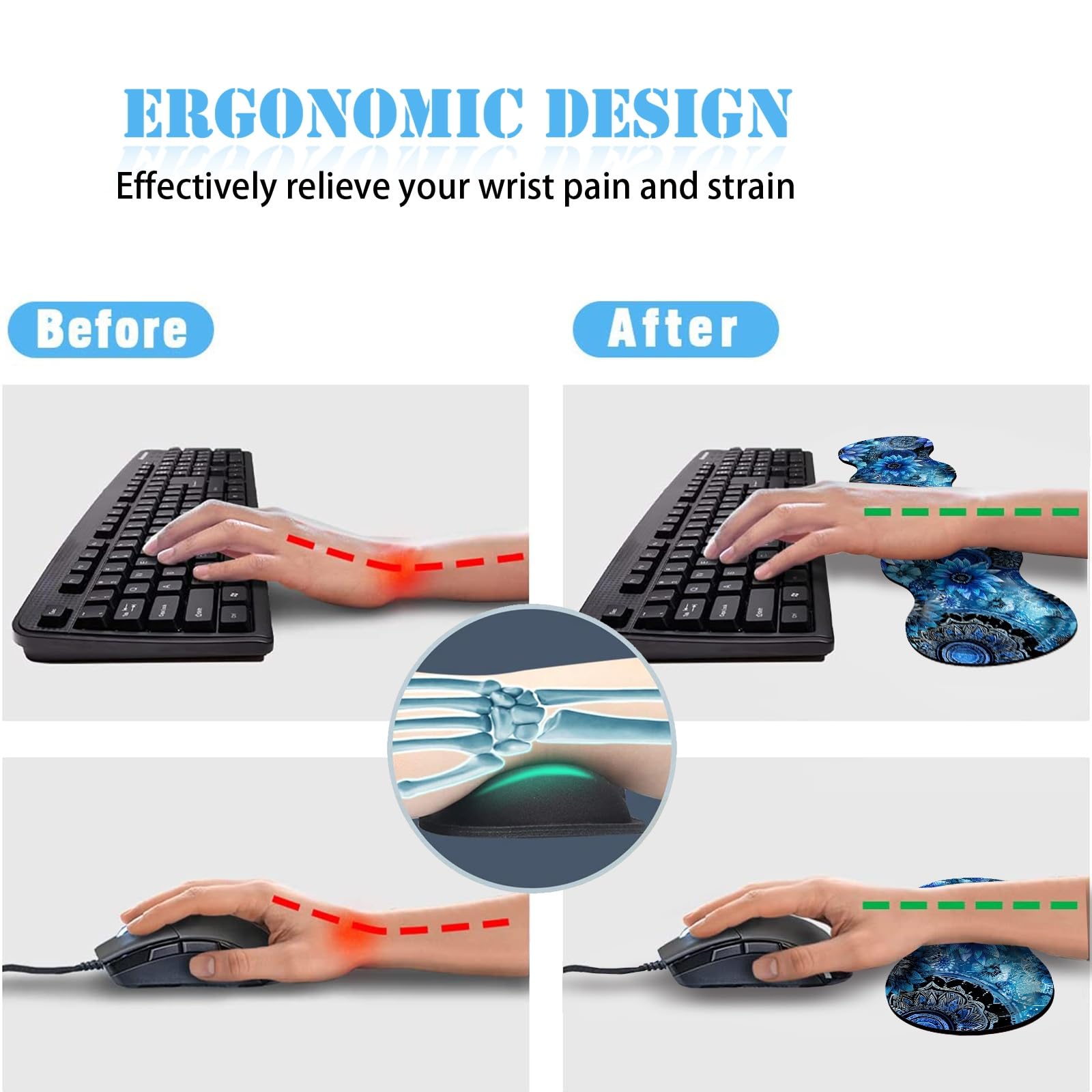 Tastatur-Handgelenkauflage + Maus-Handgelenkpolster + Schreibtischunterlage, Memory-Schaum, ergonomisch, einfaches Tippen, Schmerzlinderung für Computer, Laptop, Büro, Zuhause – Mandala