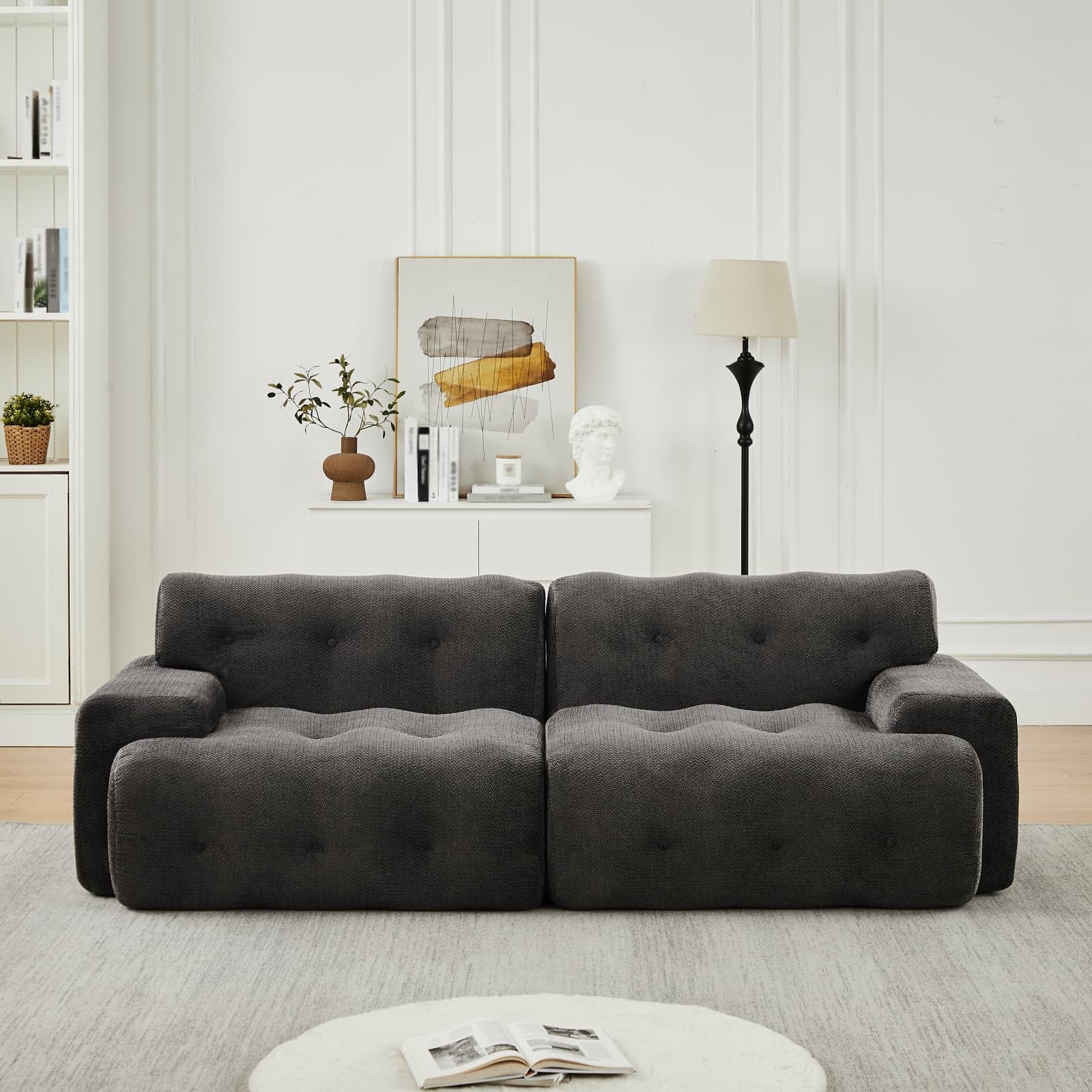 KOMHTOM Canapé 3 Places Modulable, Spacieux 224cm, Tissu Tricot 3D ou Chenille Ultra Doux avec Accoudoirs Larges, Design Moderne, Base Antidérapante (Gris-B)