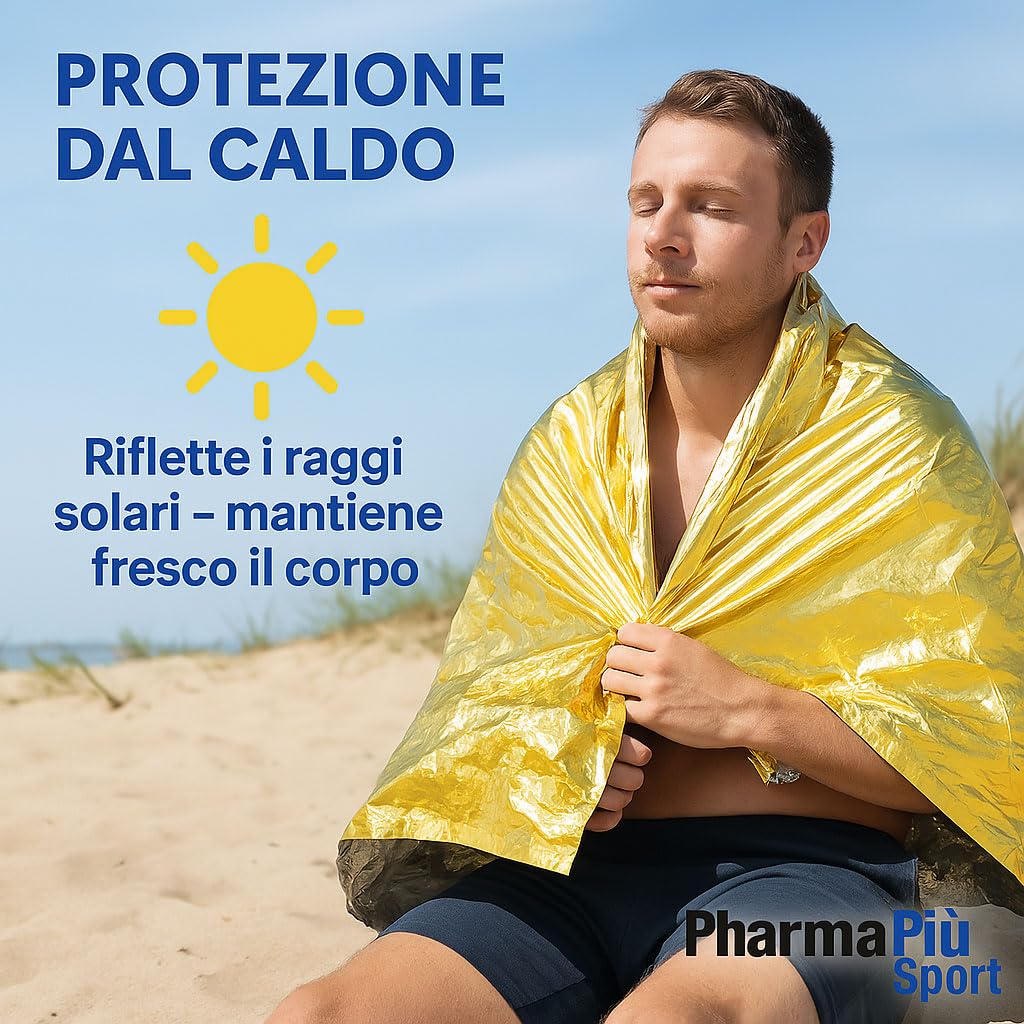 PHARMA+SPORT Coperta Termica Emergenza 160x220 cm Telo Isotermico Oro/Argento per Sopravvivenza, Primo Soccorso e Outdoor –Trattiene Calore e Protegge da Sole e Freddo (160x220 Cm, 4, Unità)