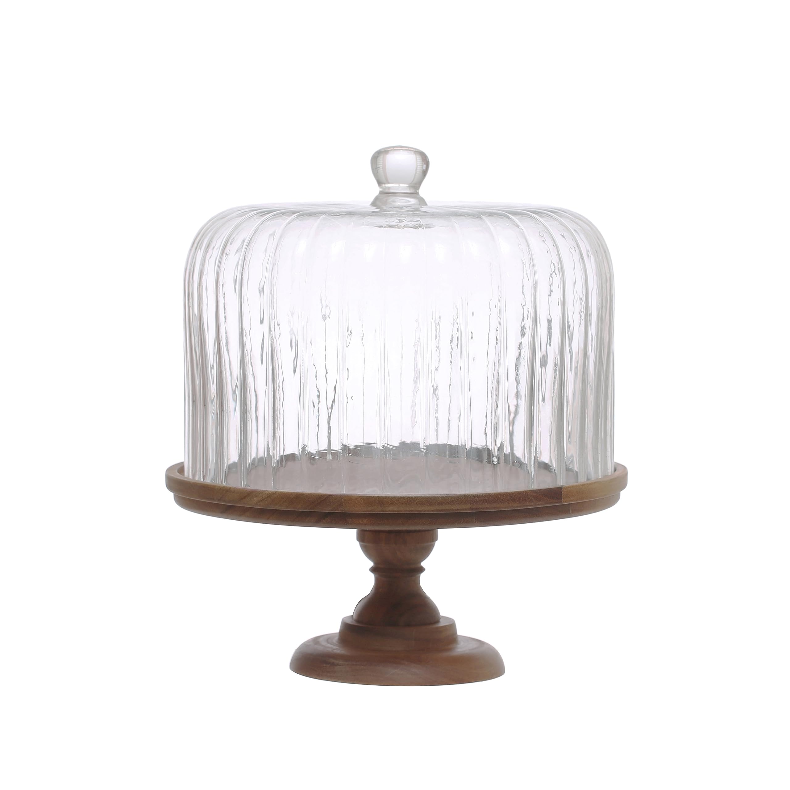 12 Inches Round Acacia Wood Pedestal with Fluted Glass Cloche, Natural, Set of 2