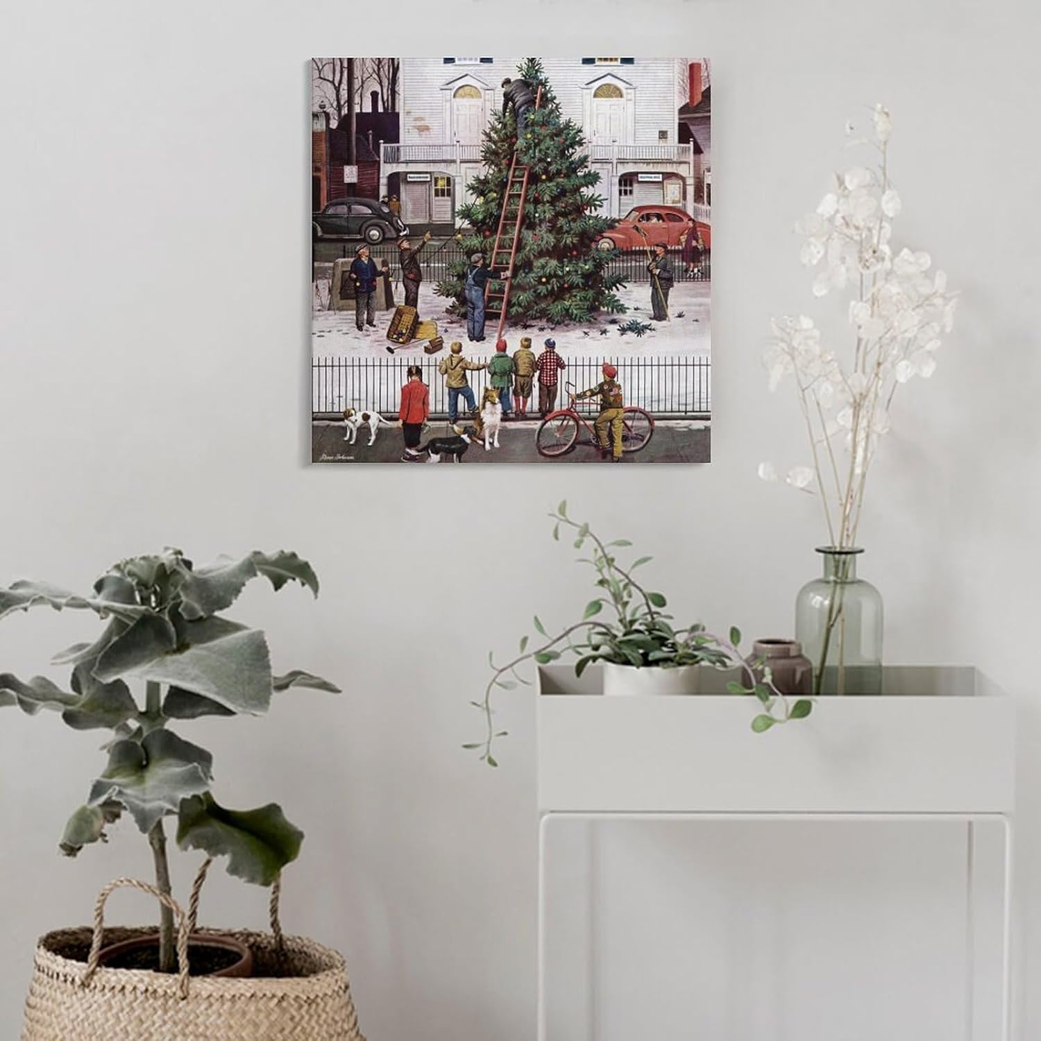 Norman Rockwell Tree in Town Square Prints Christmas Wall Art Poster Posters Art Print Wall Photo Paint Poster Hanging Picture Frame Family Bedroom Decor Gift 12x12inch(30x30cm)