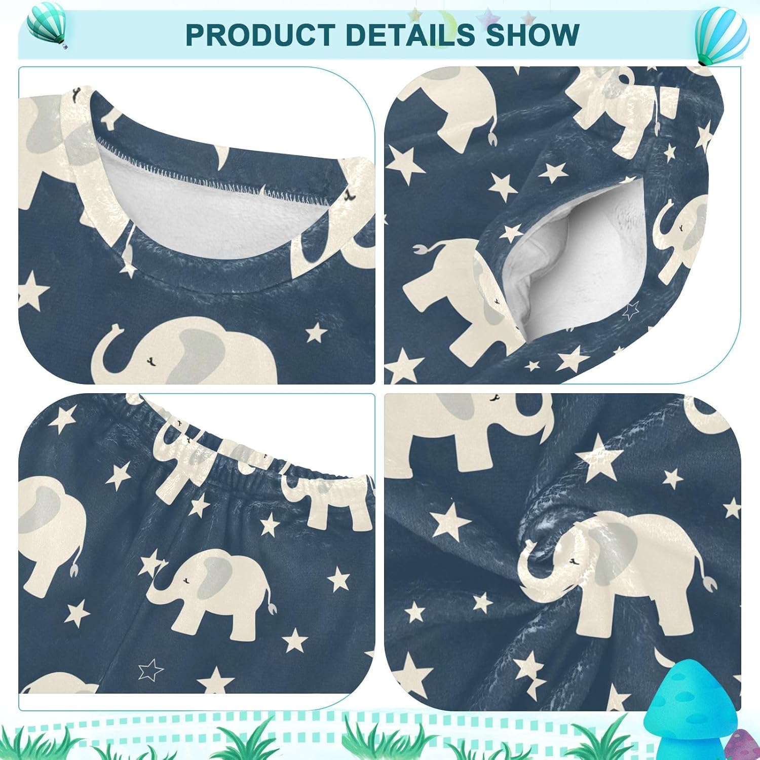 Kids Flannel Sets Little White Elephant and Stars Warm Plush Relaxed Clothing for Boys and Girls