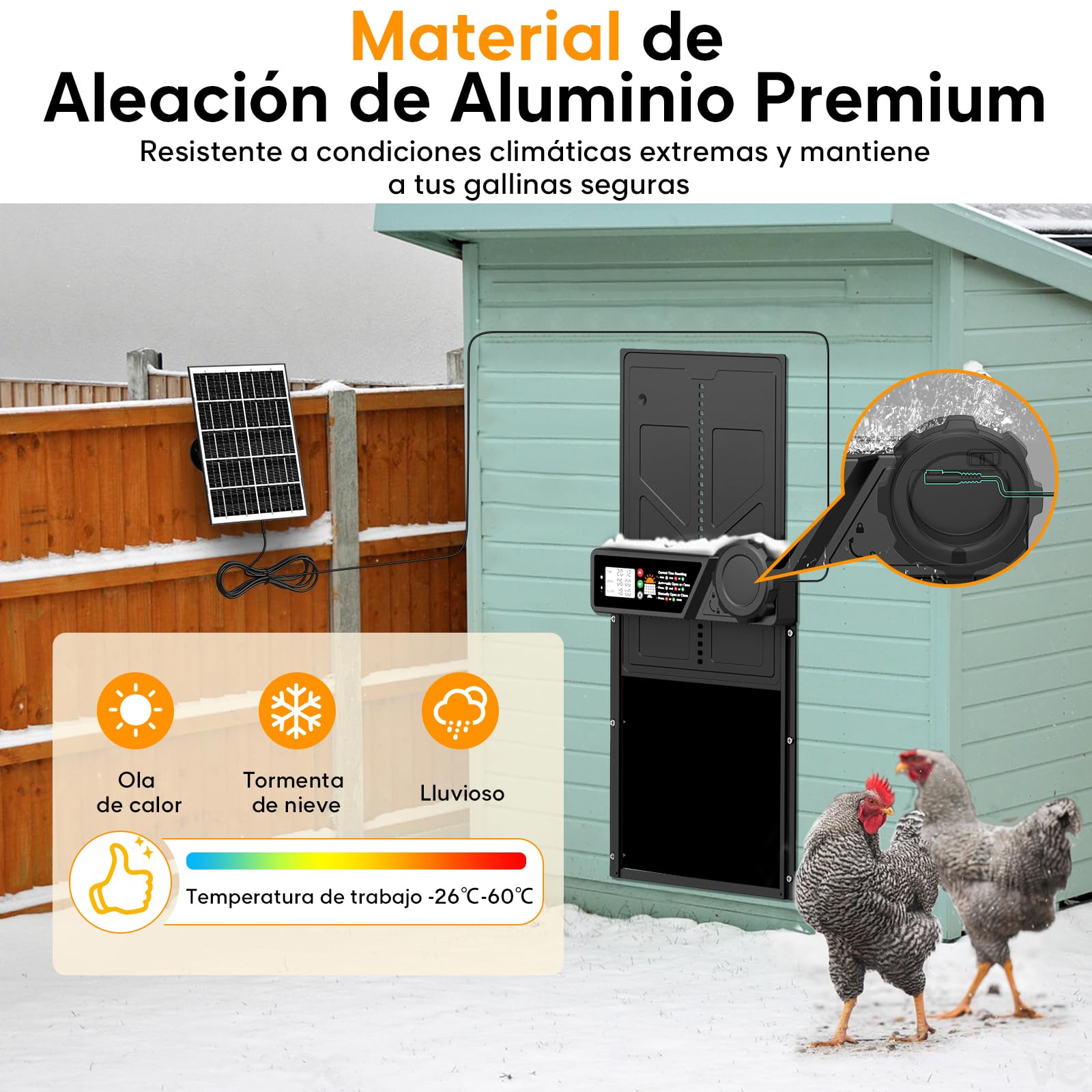 Puerta automática para gallinero solar con pantalla LCD impermeable, temporizador, control remoto, función antipellizco, negro