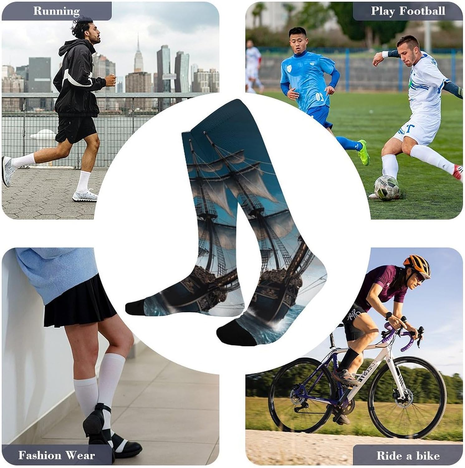 Athletic Socks, Soft Crew Mid Calf Sock, Running Sock for Unisex | Pirate Ship Crew Socks for Cycling, Slouchy Hiking Socks for Business, Breathable Boot Calf Sock