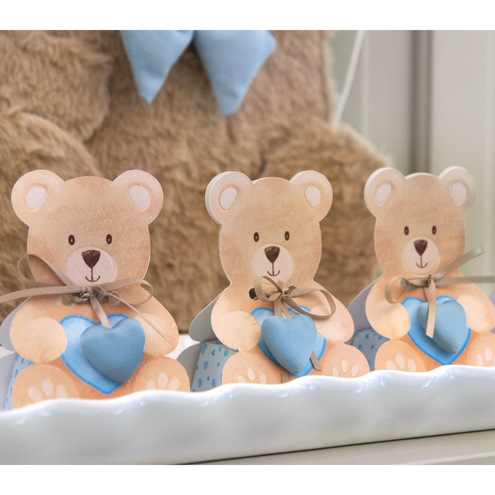 Ingrosso e Risparmio Bomboniere Nascita Bambino 20 pz Scatoline a Forma di Orsetto Cartoncino Cuore Celeste Portaconfetti Segnaposto Bimbo Maschietto Primo Compleanno Battesimo Fai da Te