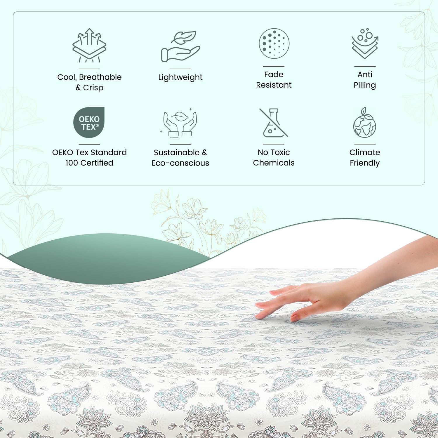 Feather & Stitch Softest 100% Cotton Sheets, 300 Thread Count Percale Weave Bedding, 16" Deep Pocket, Cooling Sheets, Breathable Bed Set, Hotel Premium Quality (Queen, Beige Paisley) - Image 3