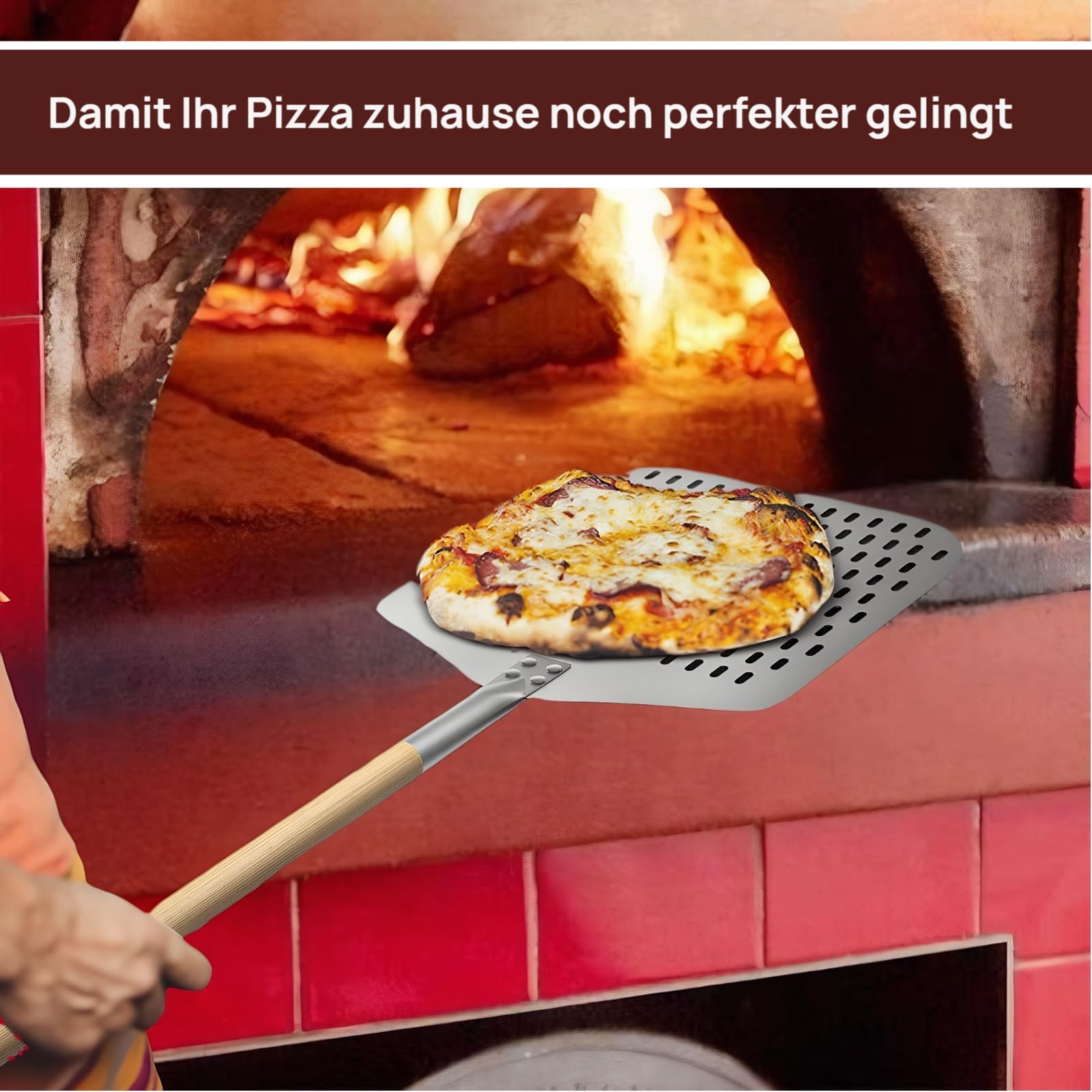 Pizzaschieber，Hochwertig Perforierter Pizzawender， 35x30cm Aluminium Pizzaschaufel mit 88cm Super lang Abnehmbarem Eichengriff für Pizzastein, Backofen & Gasgrill