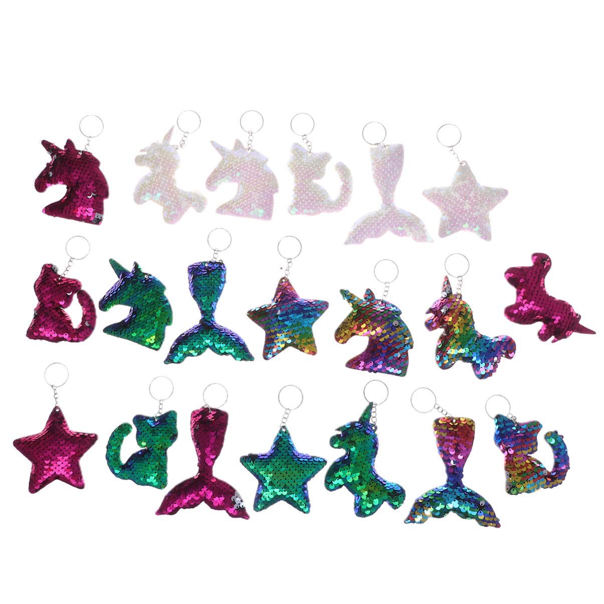 TOYANDONA 20pcs Flip Sequin Keychains Glitter Key Ring Mermaid Tail Cat Cactus Fish Key Ring Purse Bag Pendant Charms Birthday Party Favors
