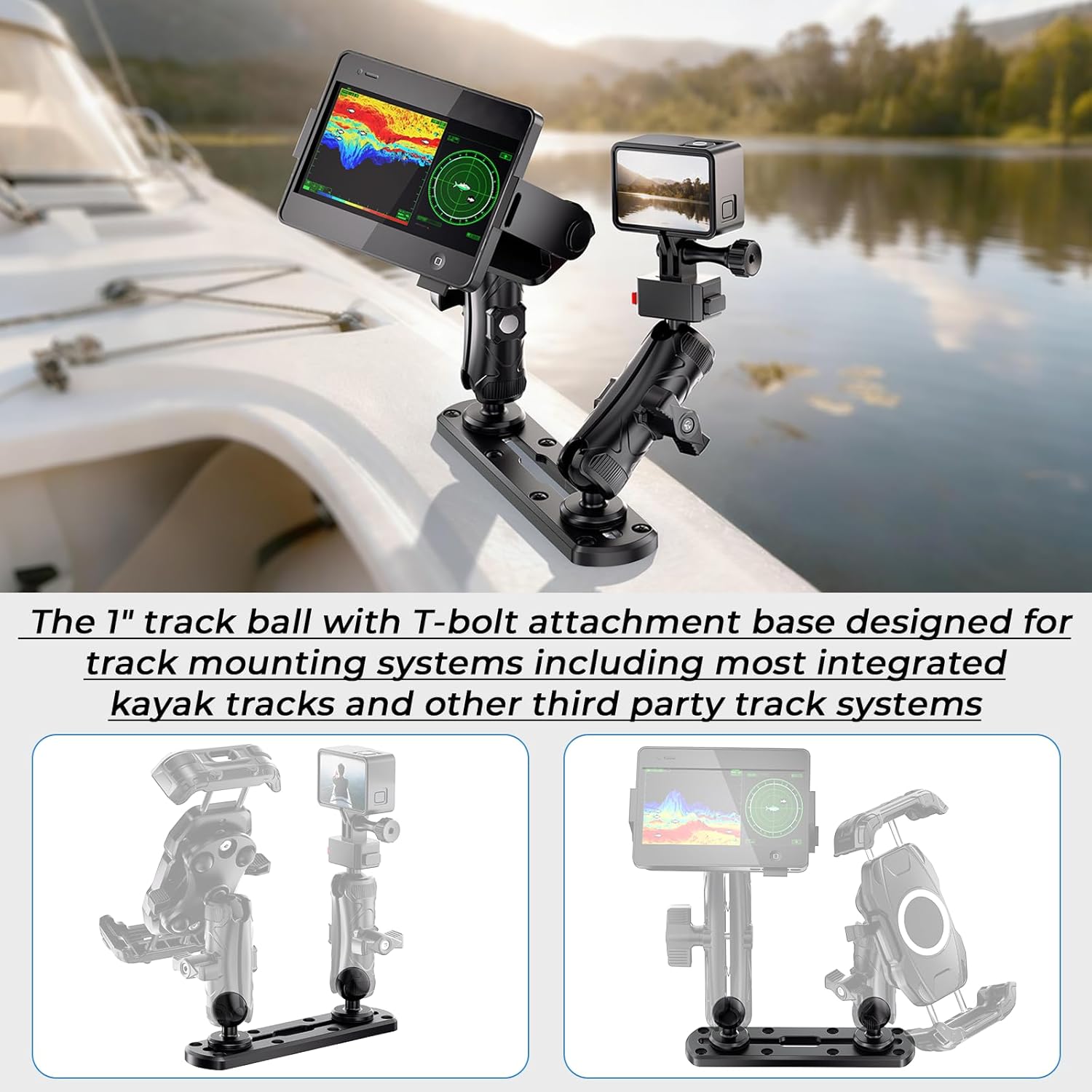 VAZESWIN 7" Track Mount with 2 PCS 1" Ball T-Bolt Base for Kayak Boat, Compatible with RAM Mounts B Size 1" Ball Double Socket Arm, for Phone Holder, Action Camera Holder, Fish Finder Mount, 10 Screws