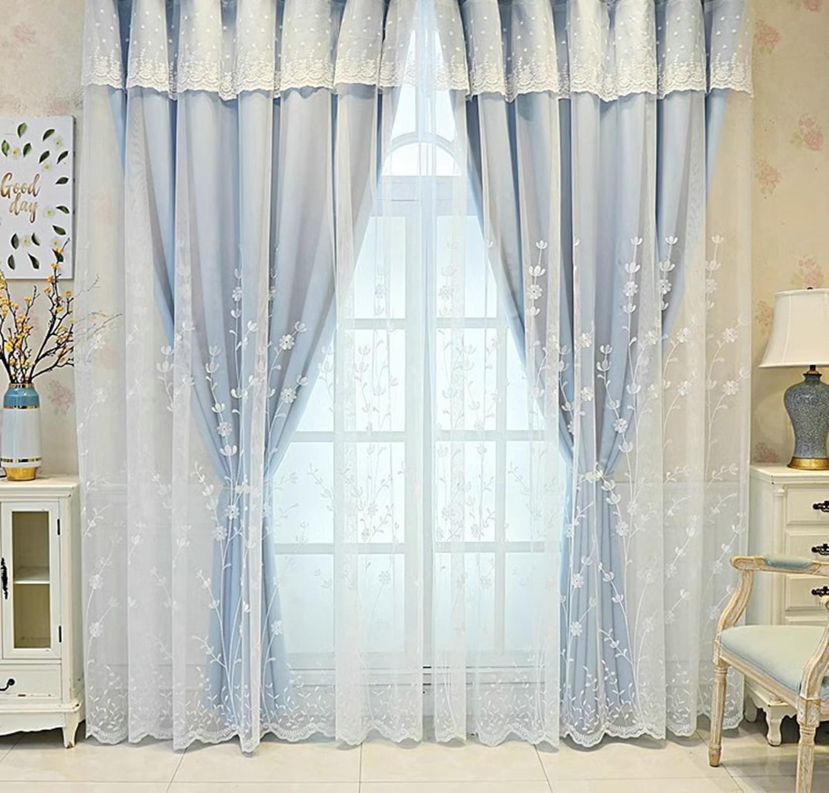 Verdunklungsvorhänge Kurz Zweilagig, Blickdicht Vorhang Wohnzimmer 2er Set Polyester Rosa Voile mit Blätterstickerei mit Haken, 86x138cm
