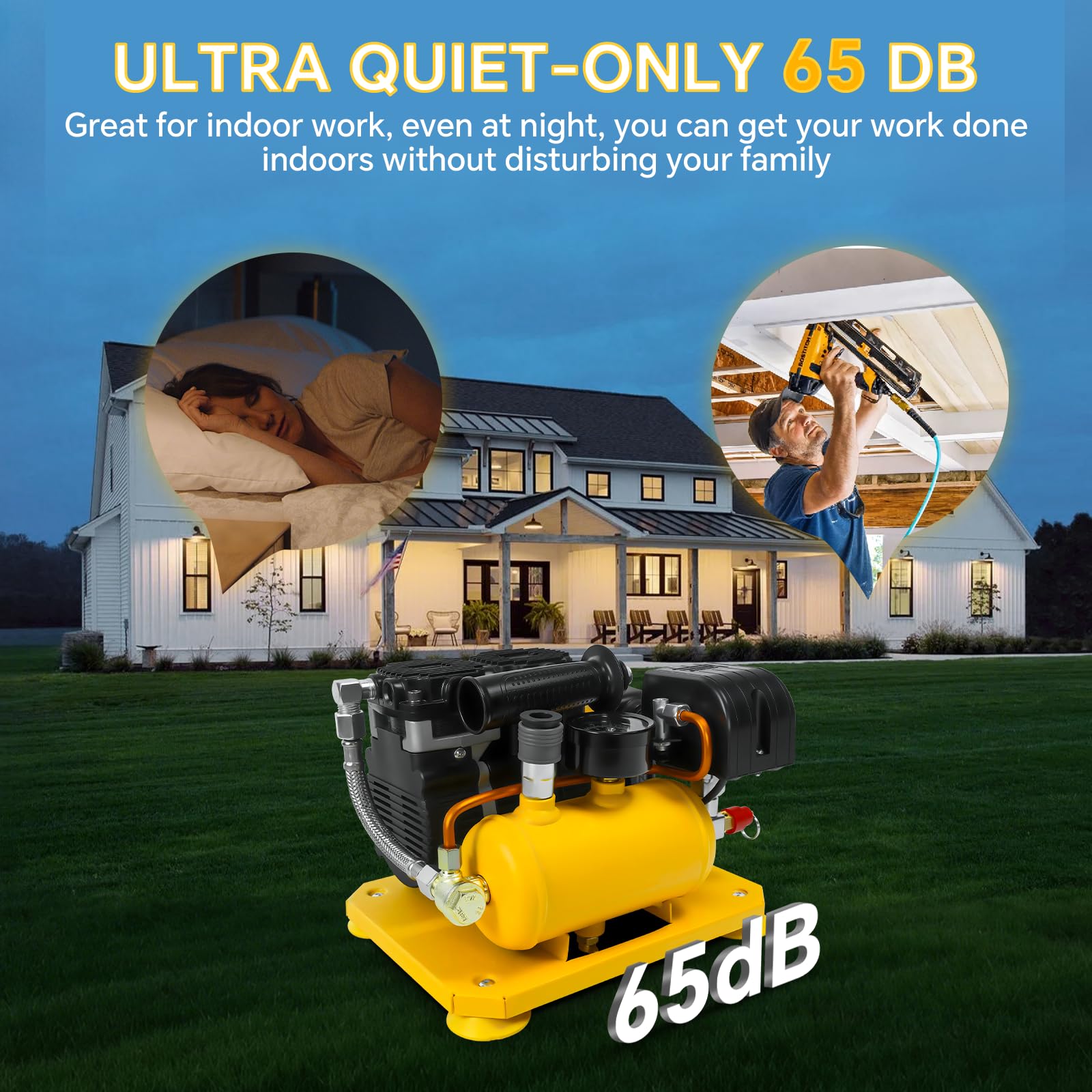 Compresor de aire inalámbrico compatible con batería Dewalt de 20 V, capacidad de 0.26 galones, sin aceite, compresor de aire portátil ultra silencioso, compresor de aire eléctrico de nivel de ruido