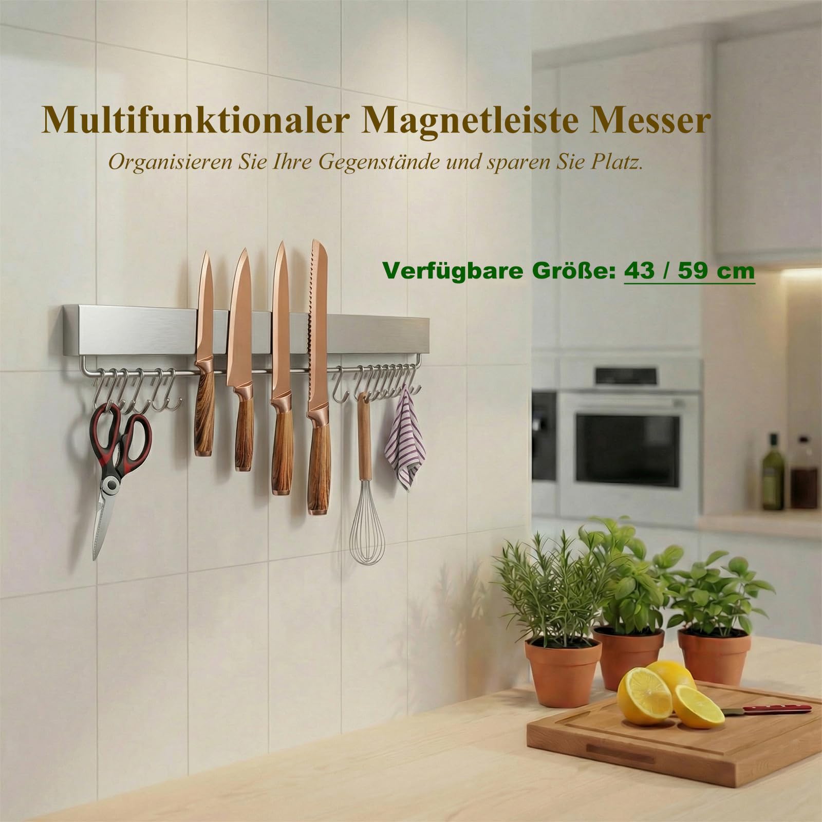 Magnetleiste Messer 59 CM - Starker Magnetischer Messerhalter mit Klebeband/Schrauben/ 15 Haken - Edelstahl Magnet Messerhalter für Messer, Unbestückte Messerblöck