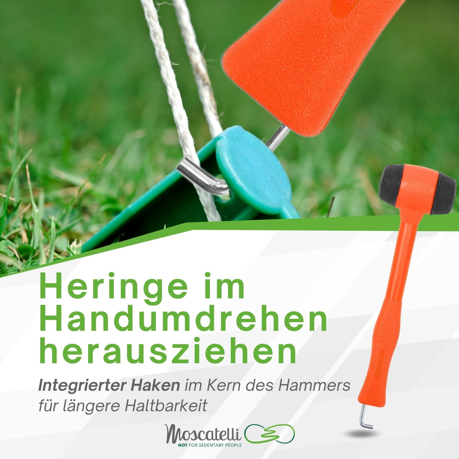 MOSCATELLI Vielseitiger, robuster und ergonomischer Campinghammer mit Haken zum Entfernen von Heringen - Orange