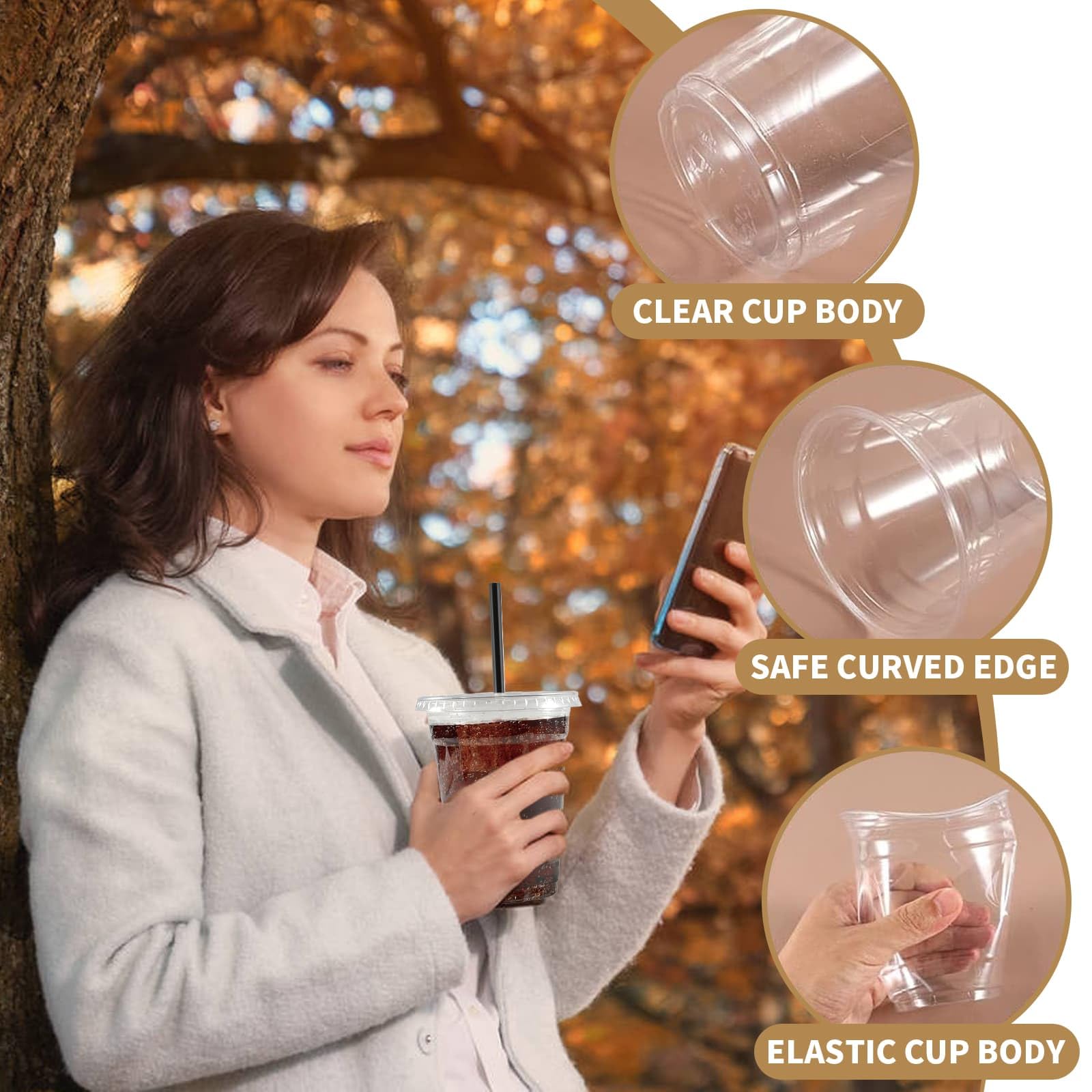 DYUEE Lot de 50 gobelets à smoothie de 500 ml avec couvercles et paille, gobelets recyclables et réutilisables avec papier étanche, gobelets à café transparents pour les boissons en déplacement