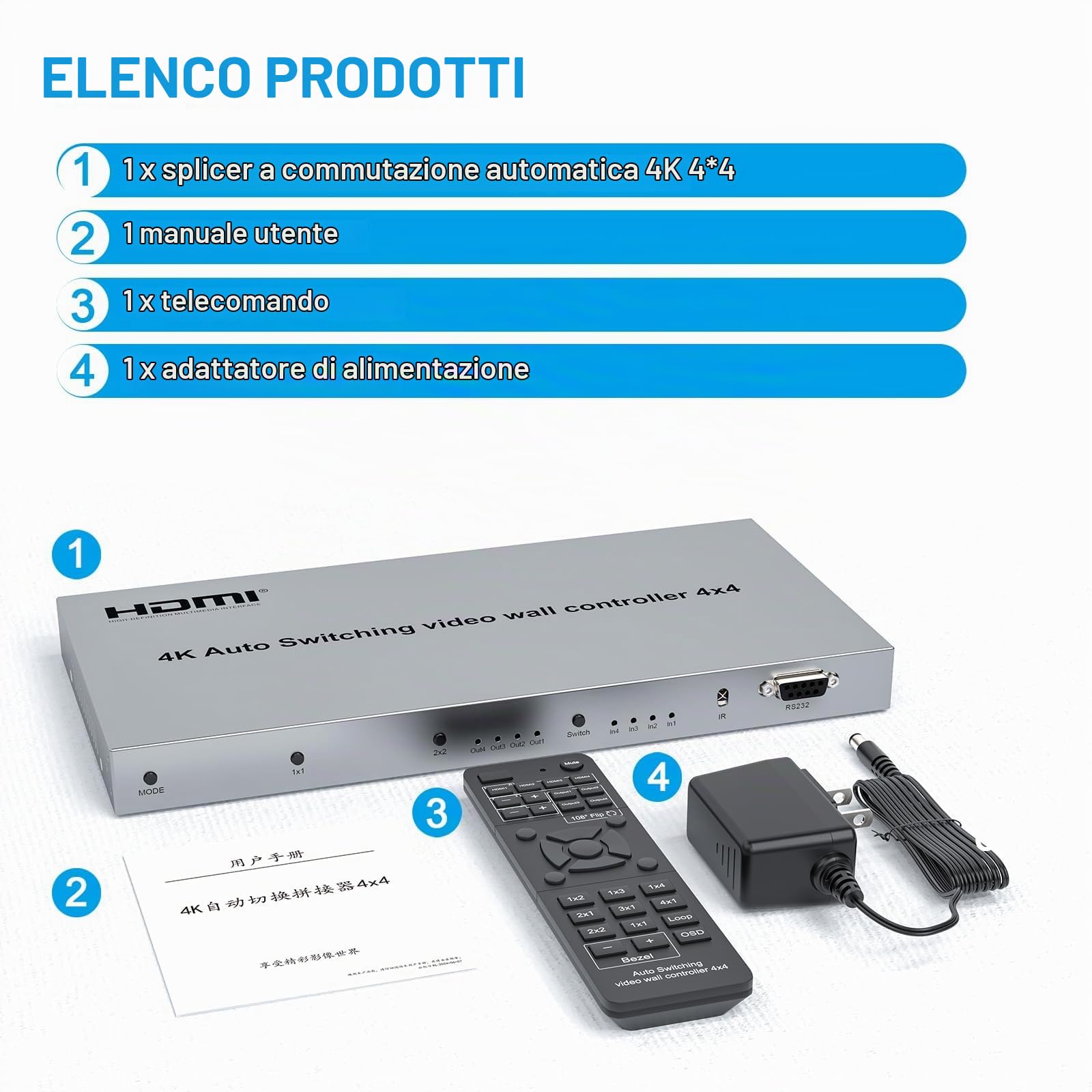 4X4 Audio Matrix Switch/Splitter, 4k Video Wall Controller,4 HDMI in 4 HDMI Out Switcher, 3.5mm Out Audio Swith EDID, Support IR Remote, Button Press, RS232, 4k@30HZ, 1080P 3D, HDCP, YUV 4:4:4 4K