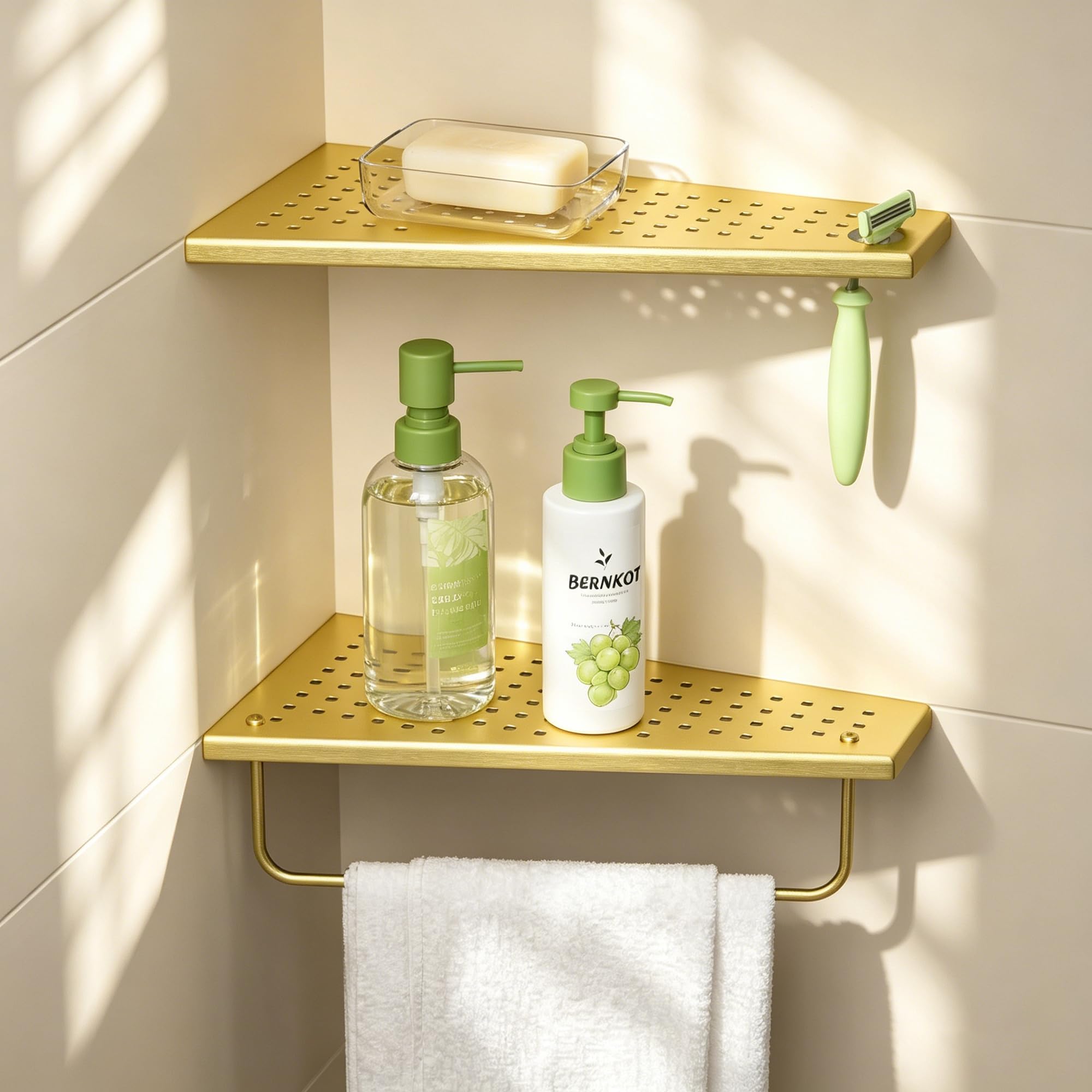 Estante de pared de acero inoxidable 304, estante de ducha sin taladrar con barra de toalla, moderno diseño flotante para baño, ducha y cocina, organizador de champú antióxido, 305 x 155 mm