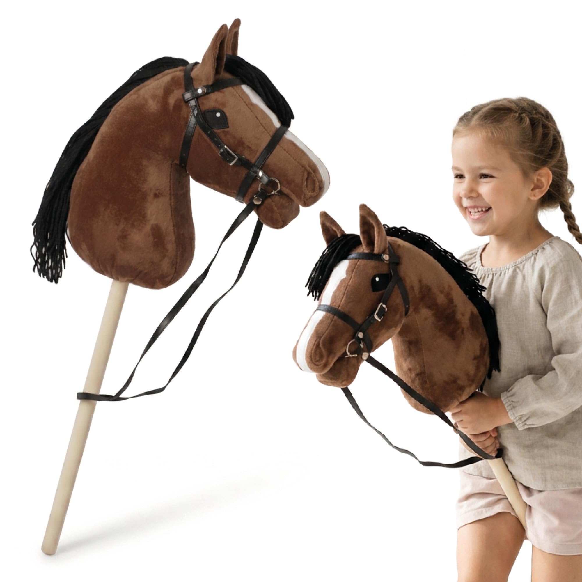 mamabrum Hobby Horse Braun Steckenpferd Kinder 68 cm | Steckenpferd mit Holzstab, verstellbarem Zaumzeug, abnehmbaren Zügeln und langer Mähne für Rollenspiele.